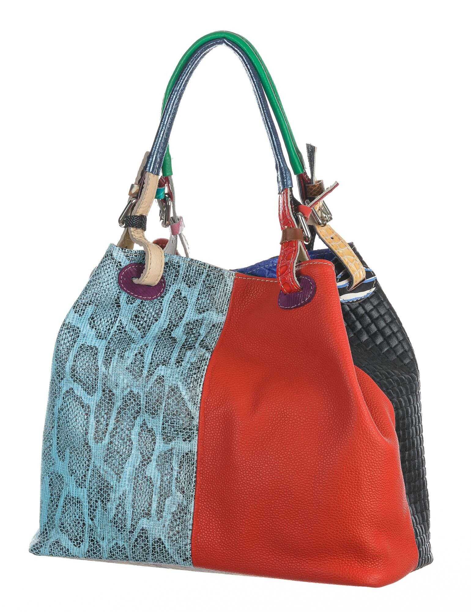 Borsa donna in vera pelle ILENIA, colore AZZURRO / ROSSO / NERO / ROSA, CHIAROSCURO, Made in Italy