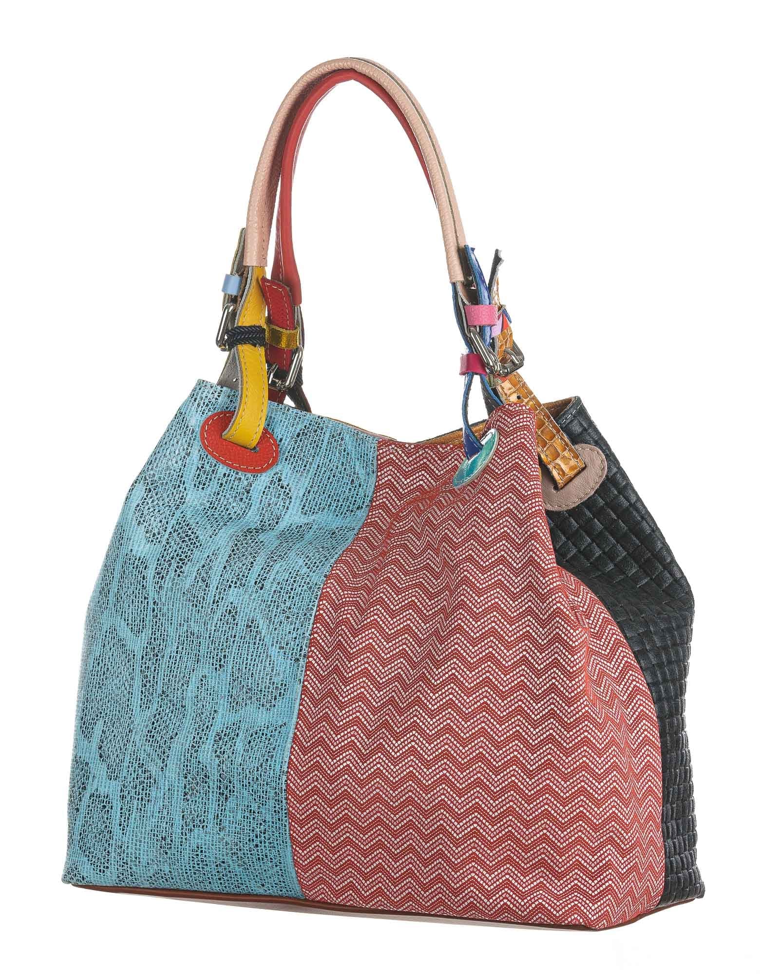 Borsa donna in vera pelle ILENIA, colore AZZURRO / ROSSO / NERO / GIALLO, CHIAROSCURO, Made in Italy
