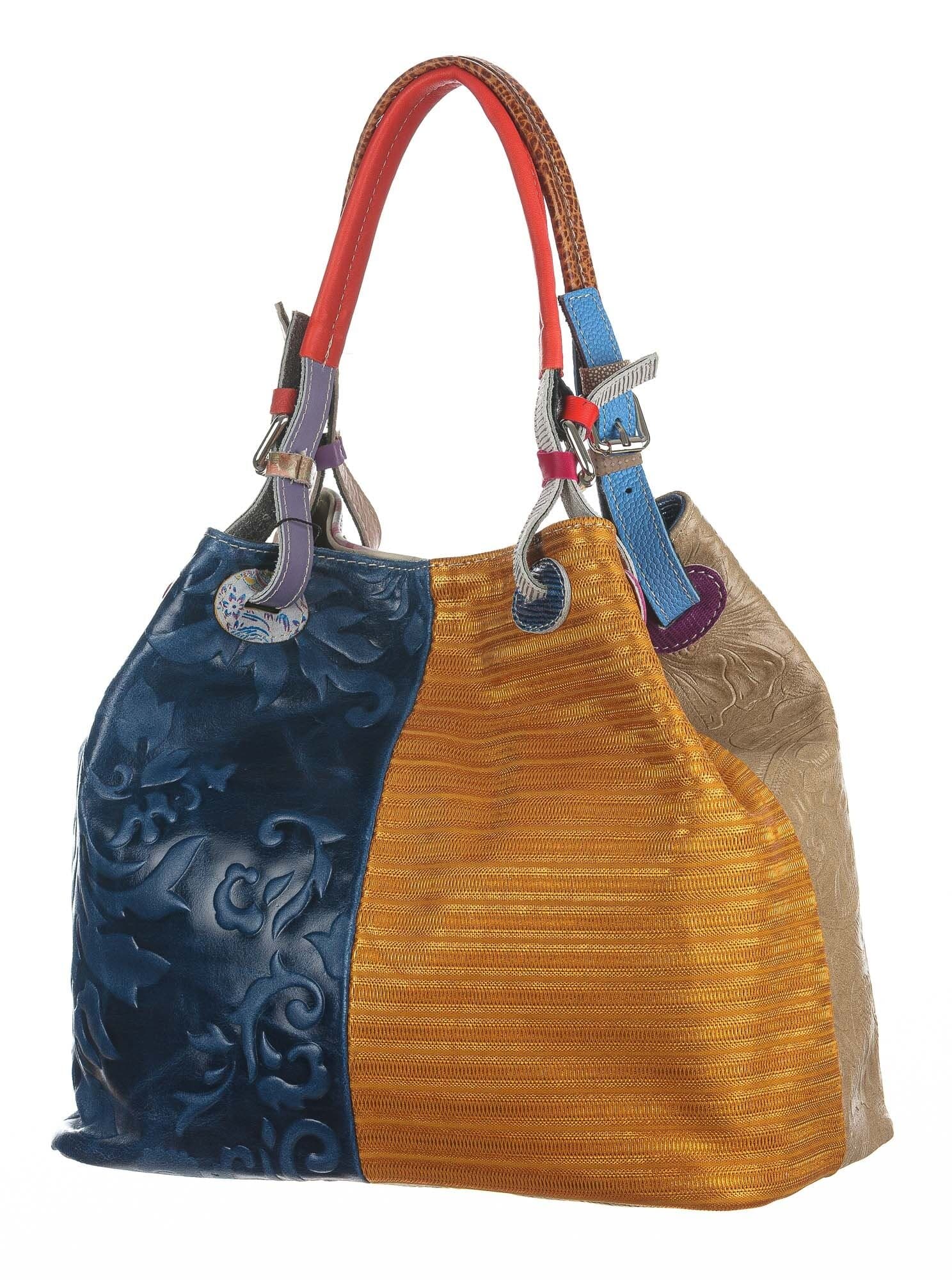 Borsa donna in vera pelle ILENIA, colore BLU / GIALLO / BEIGE / ROSA, CHIAROSCURO, Made in Italy