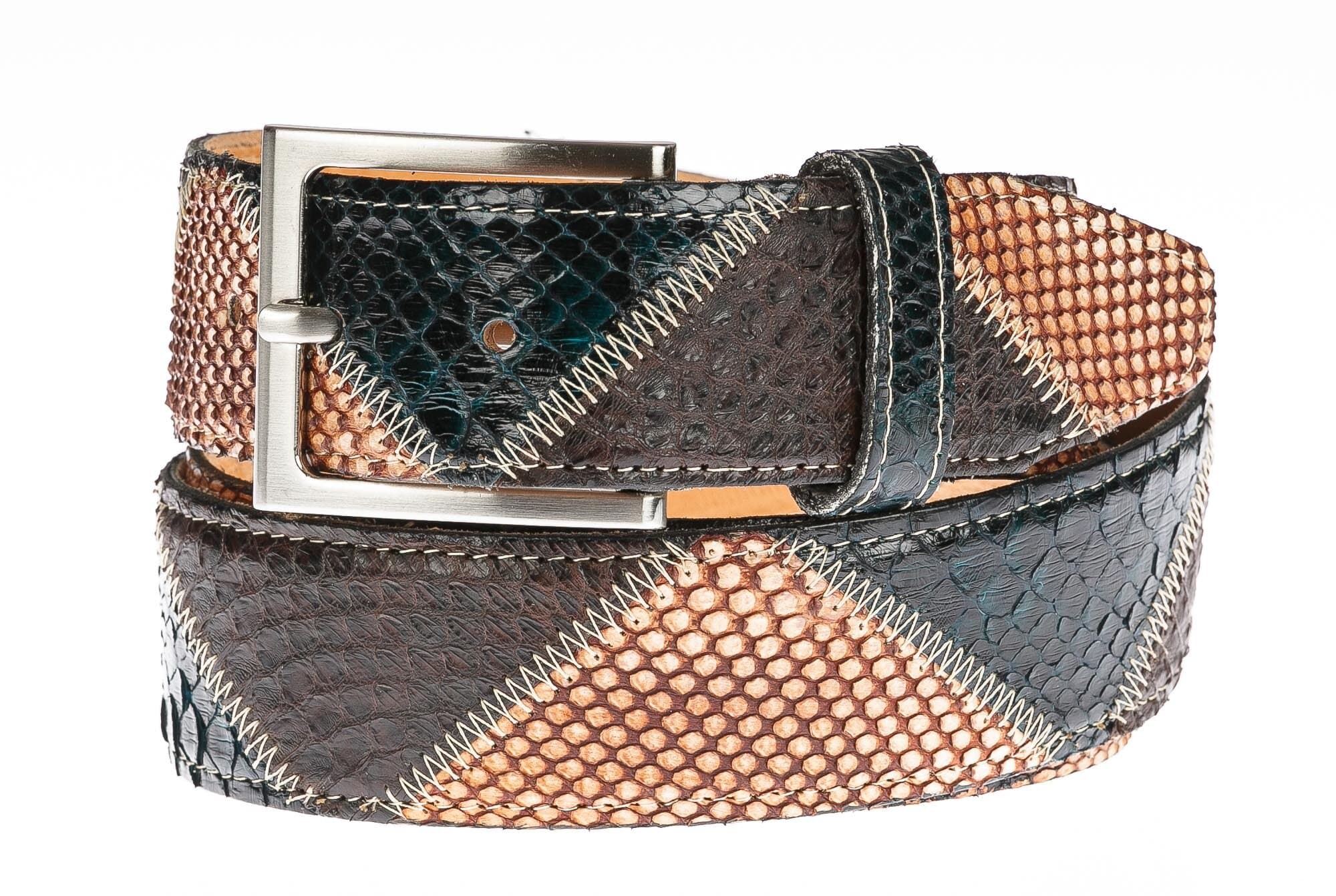 Cintura uomo TRIPOLI C40, vera pelle di pitone, VERDE/MIELE/TESTA DI MORO, certificato CITES, CHIAROSCURO, Made in Italy