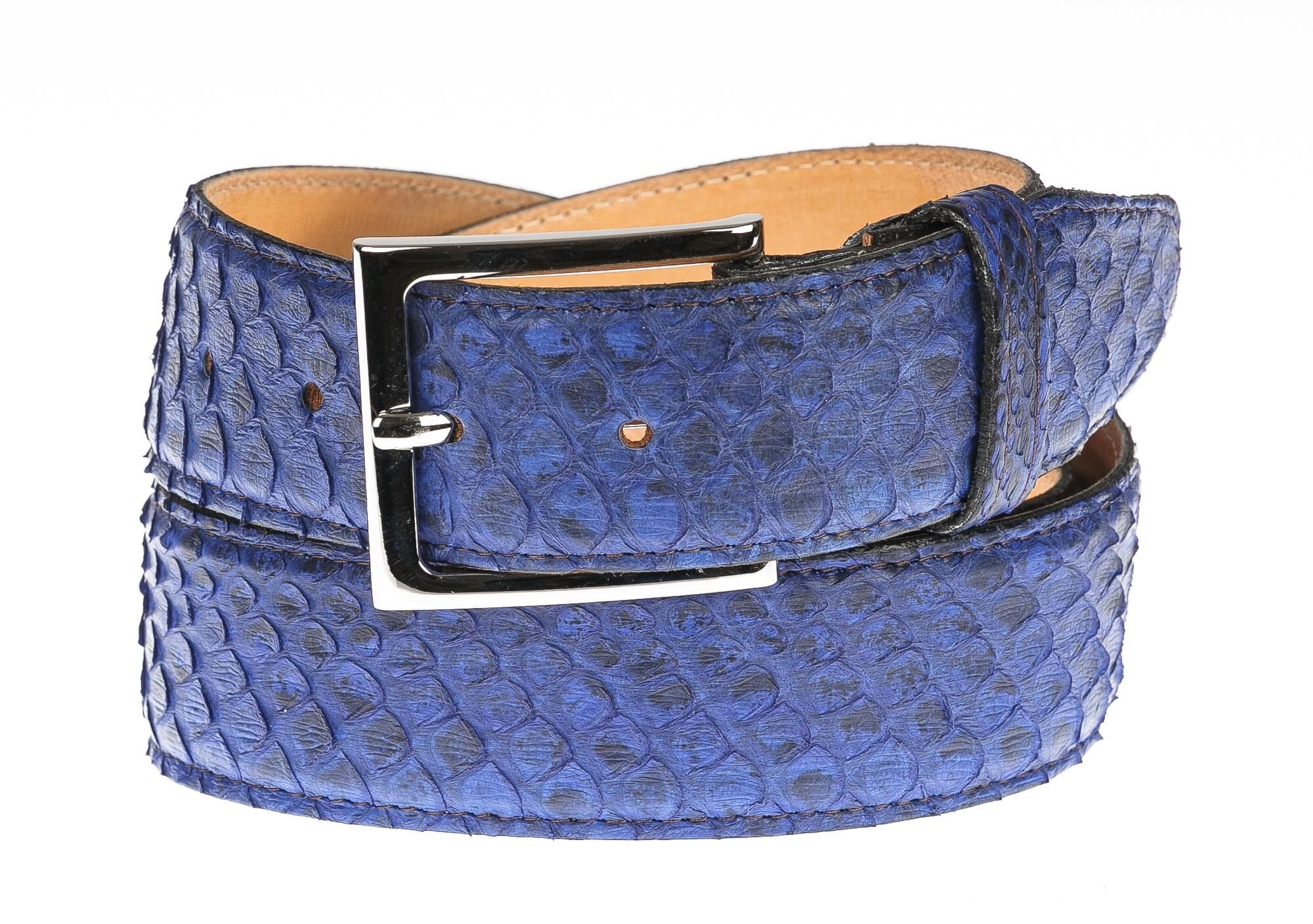 Cintura uomo in vera pelle di pitone GUATEMALA, colore BLU, CITES,CHIAROSCURO, Made in Italy