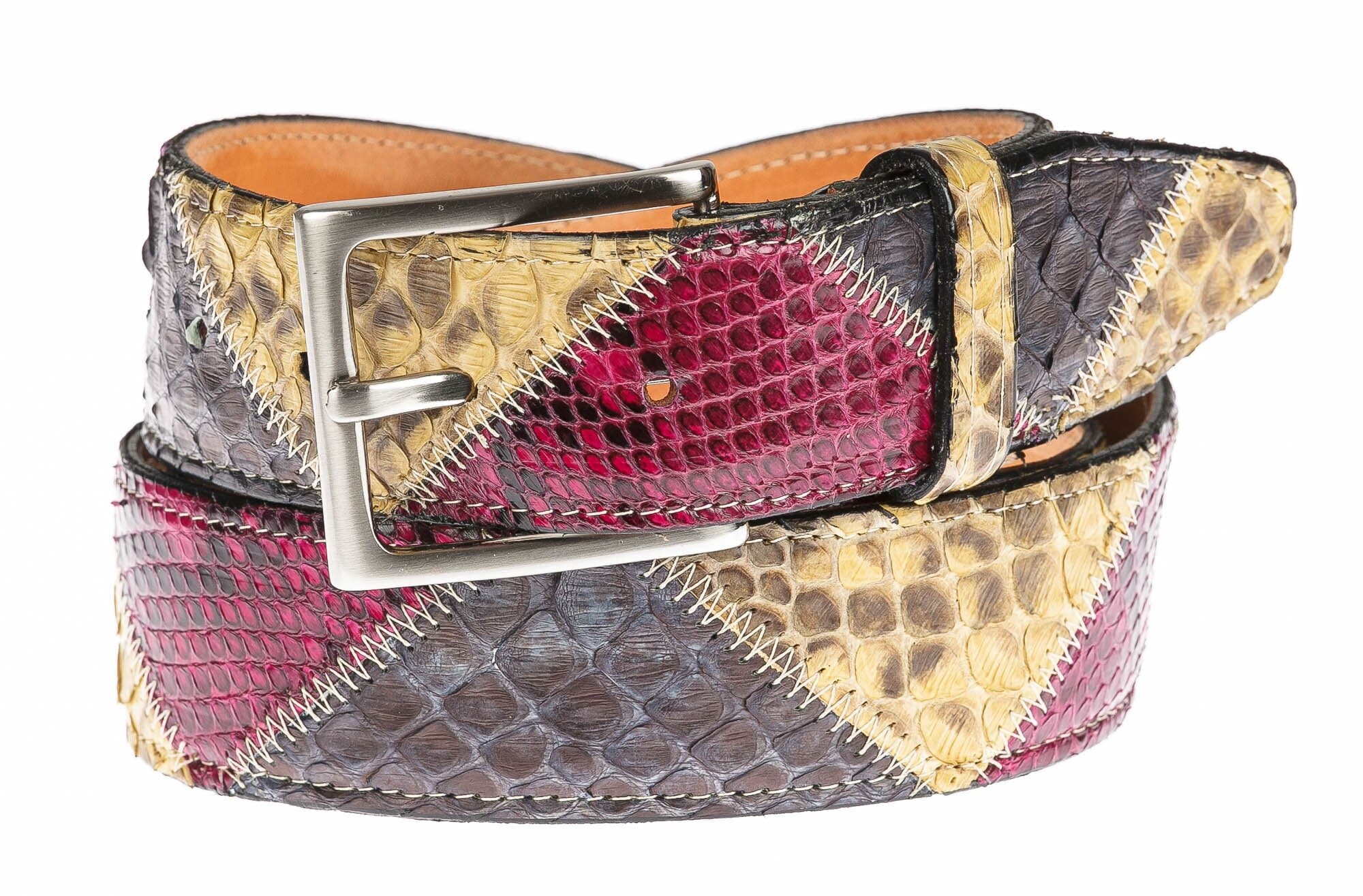Cintura uomo TRIPOLI C41, vera pelle di pitone, ROSSO/GIALLO/TESTA DI MORO, CITES, CHIAROSCURO, Made in Italy