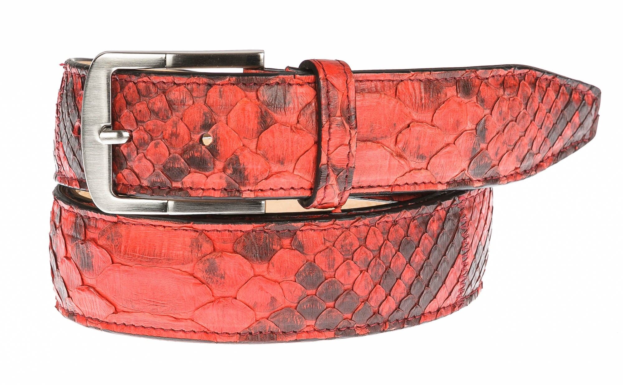 Cintura uomo in vera pelle di pitone certificata CITES, CANCÙN, colore ROSSO, CHIAROSCURO, Made in Italy