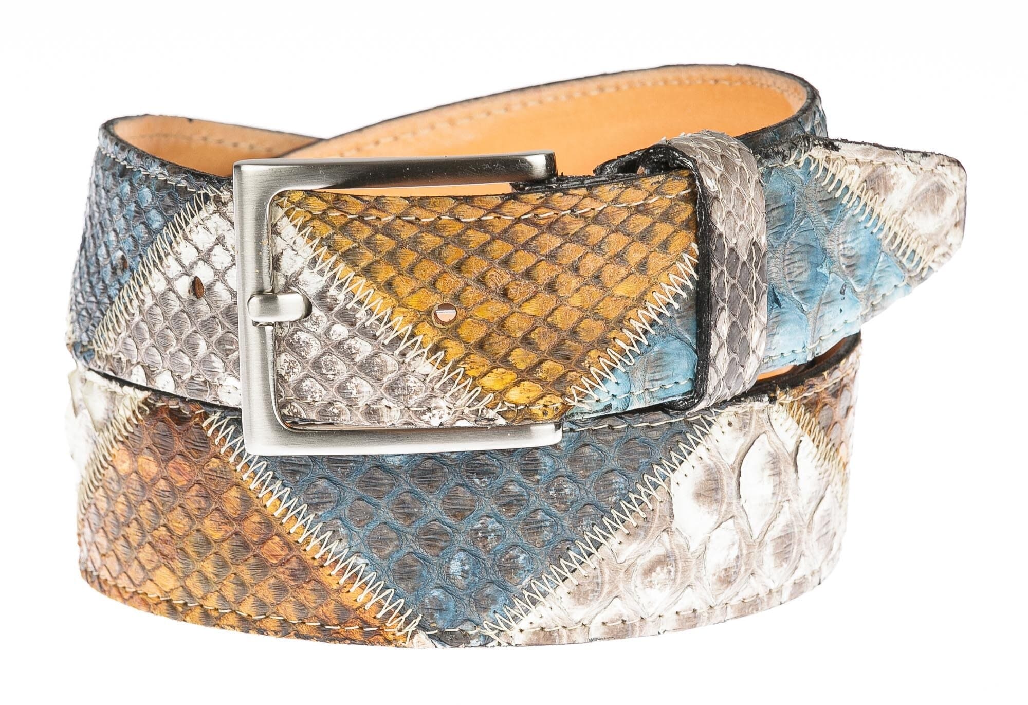 Cintura uomo TRIPOLI C42, vera pelle di pitone, ROCCIA/GIALLO/AZZURRO, CITES, CHIAROSCURO, Made in Italy