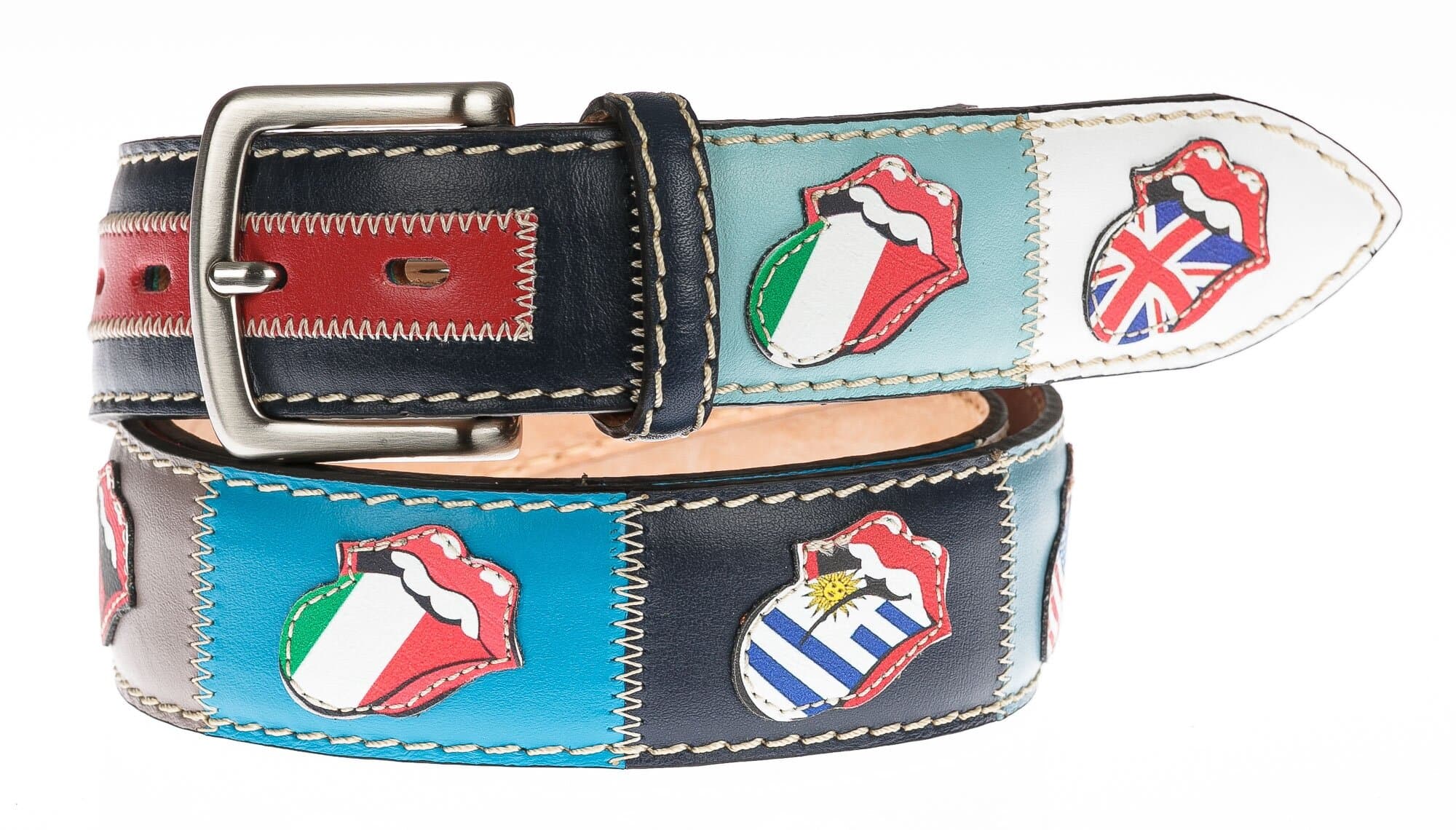 Cintura uomo in vera pelle BASILEA, colore MULTICOLOR, con bocche e bandiere nazioni cucite a mano in pelle, SANTINI, Made in Italy