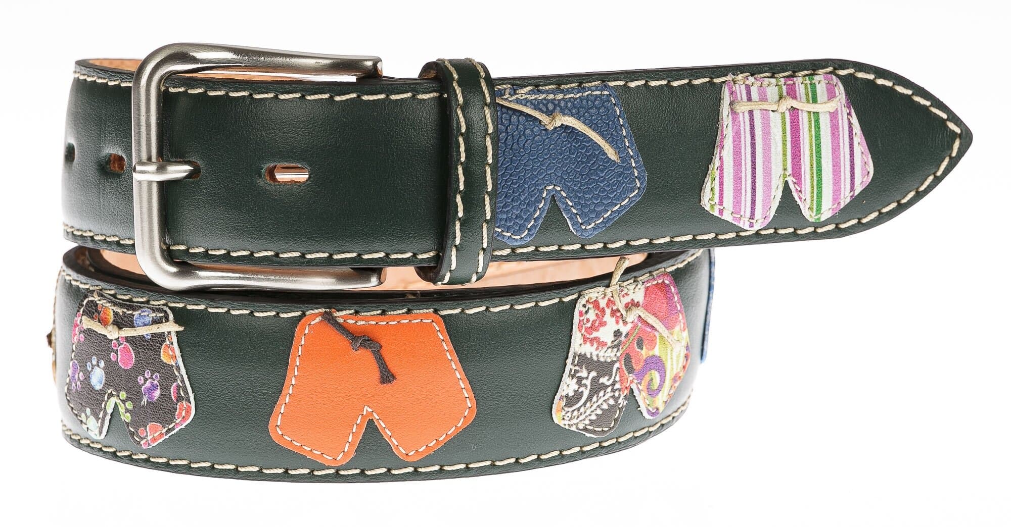 Cintura uomo in vera pelle BALI, colore base VERDE, con pantaloncini cucite a mano in pelle, SANTINI, Made in Italy
