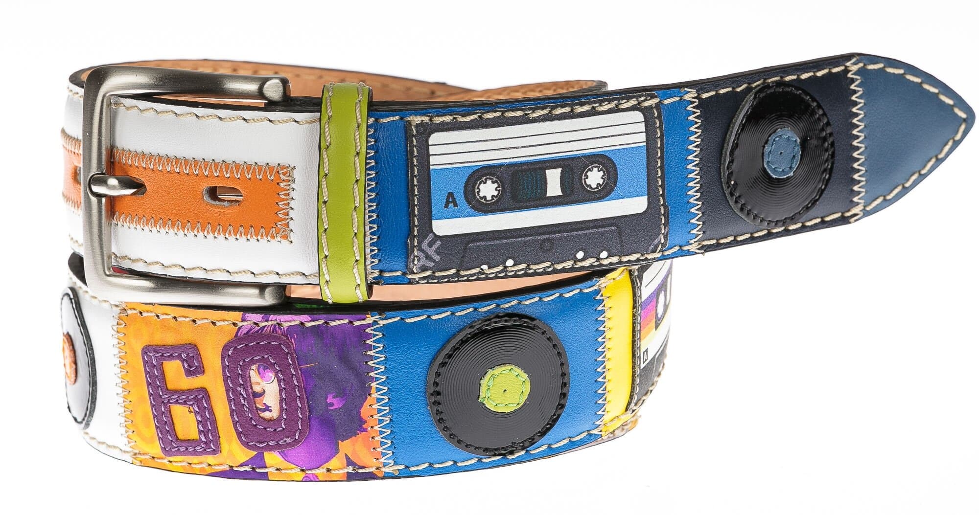 Cintura uomo in vera pelle KINGSTON, colore MULTICOLOR, anni '60, dettagli cuciti a mano in pelle, SANTINI, Made in Italy