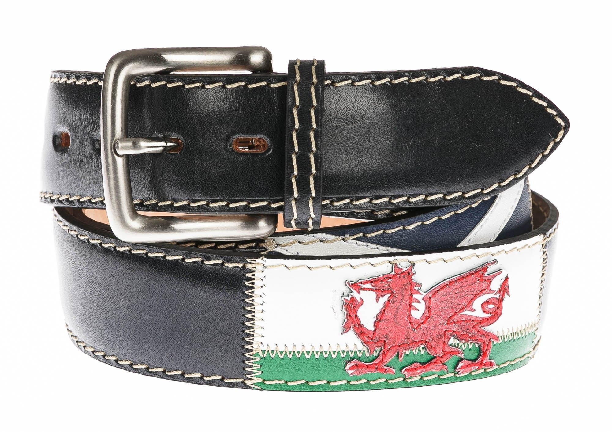 Cintura uomo in vera pelle COIRA, colore base BLU, con bandiere nazioni cucite a mano in pelle, SANTINI, Made in Italy