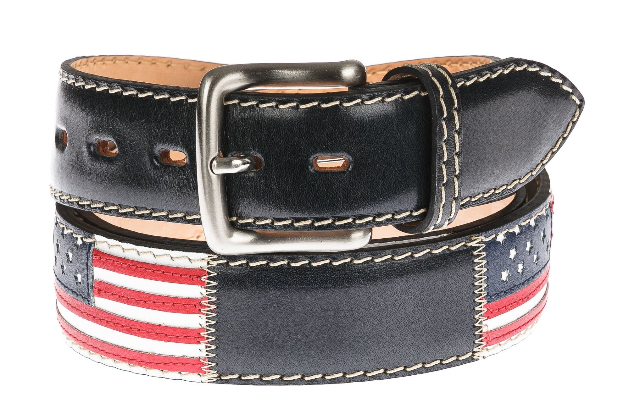 Cintura uomo in vera pelle COIRA, colore base NERO, con bandiere USA cucite a mano in pelle, SANTINI, Made in Italy