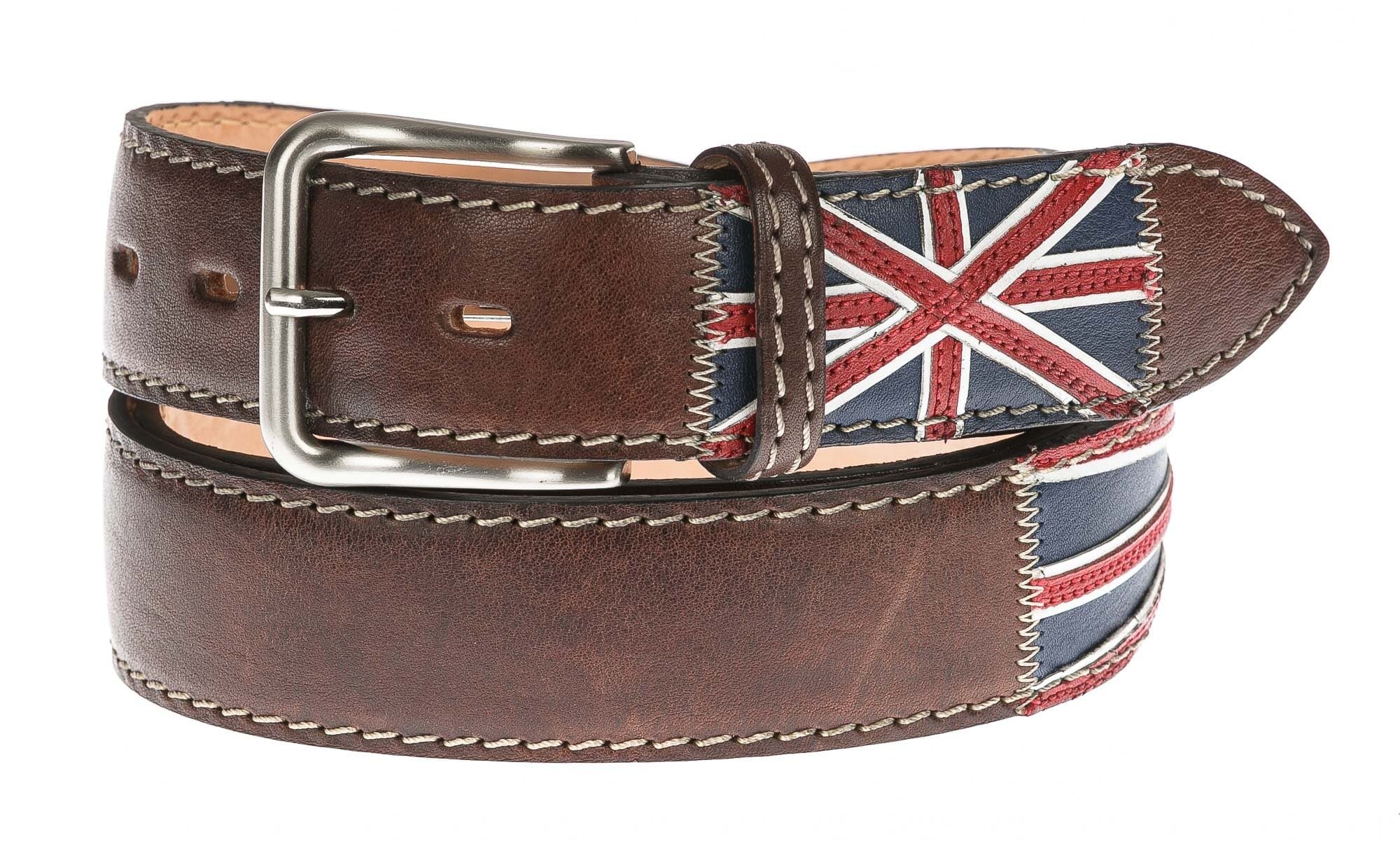 Cintura uomo in vera pelle COIRA, colore base NERO, con Union Jack cucite a mano in pelle, SANTINI, Made in Italy