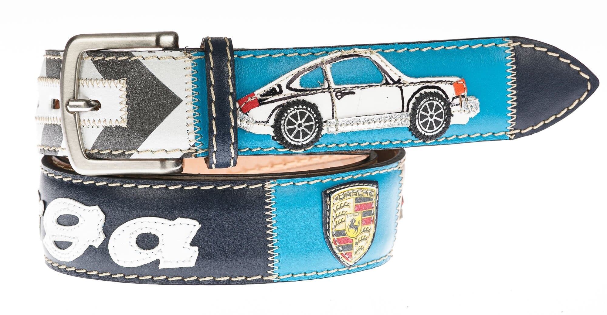 Cintura uomo in vera pelle DUBAI, colore MULTICOLOR, con Porsche Targa cucite a mano in pelle, SANTINI, Made in Italy