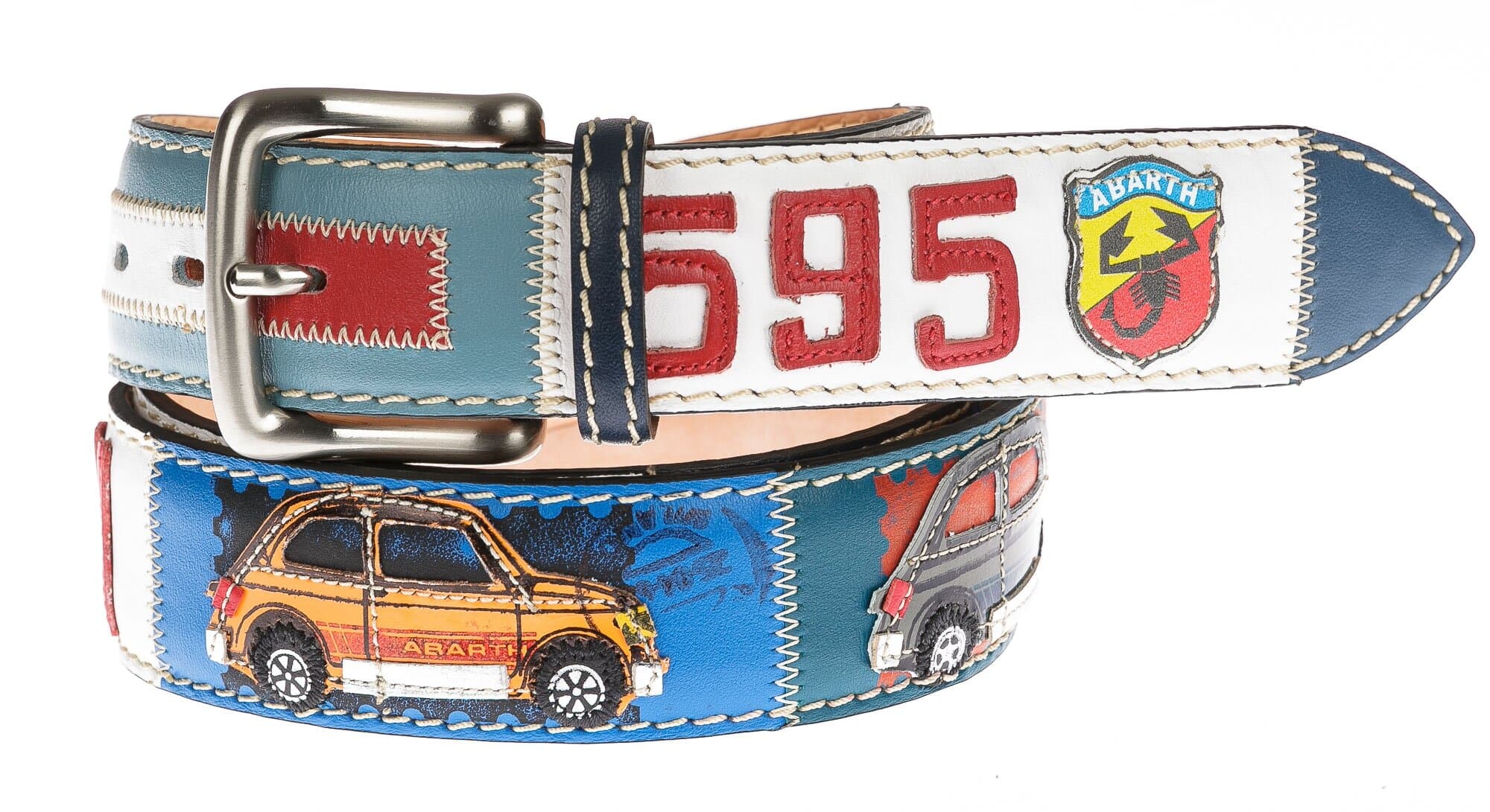 Cintura uomo in vera pelle DUBAI, colore MULTICOLOR, con Fiat Abarth 595 cucite a mano in pelle, SANTINI, Made in Italy