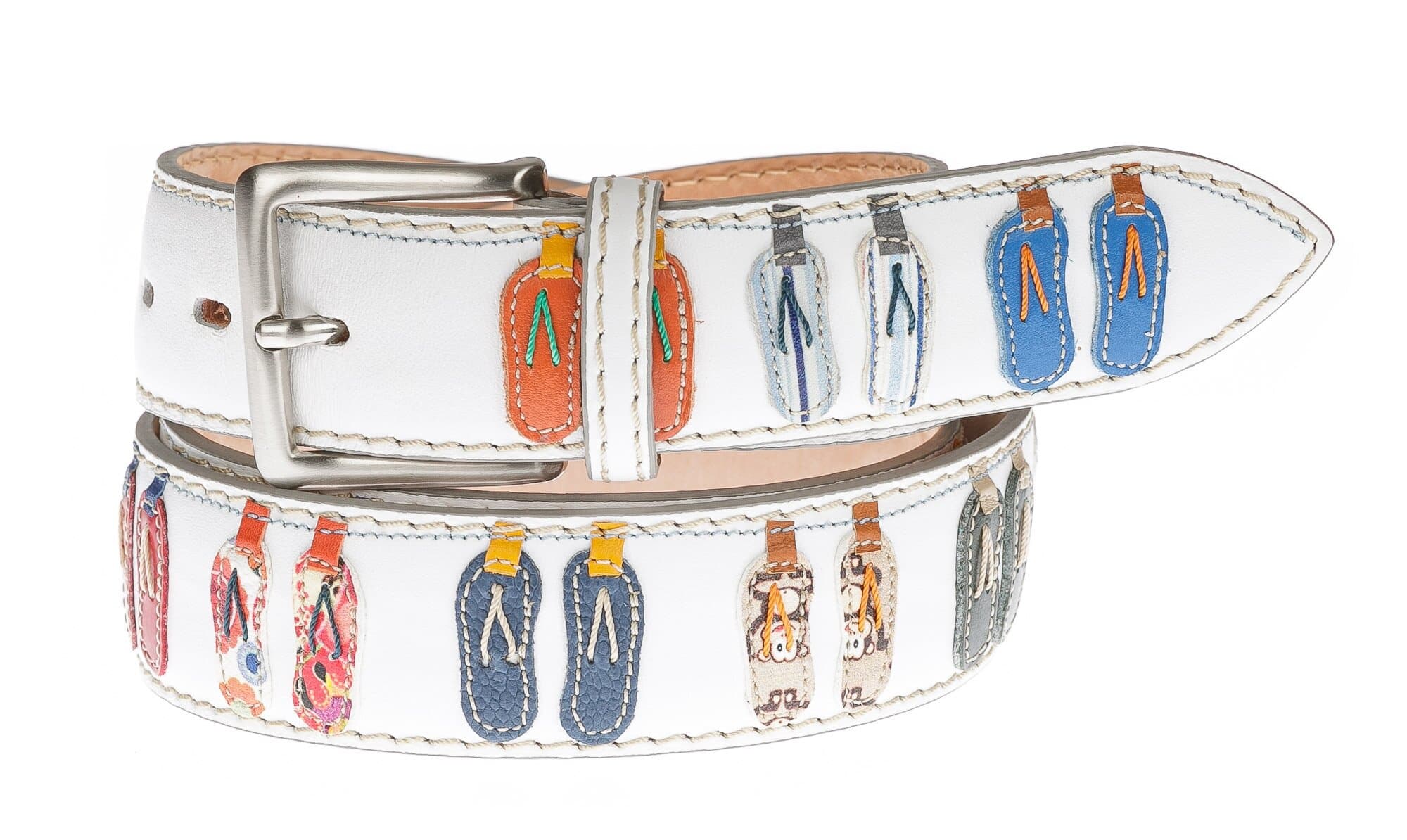 Cintura uomo in vera pelle BALI, colore base BIANCO, con infradito cucite a mano in pelle, SANTINI, Made in Italy