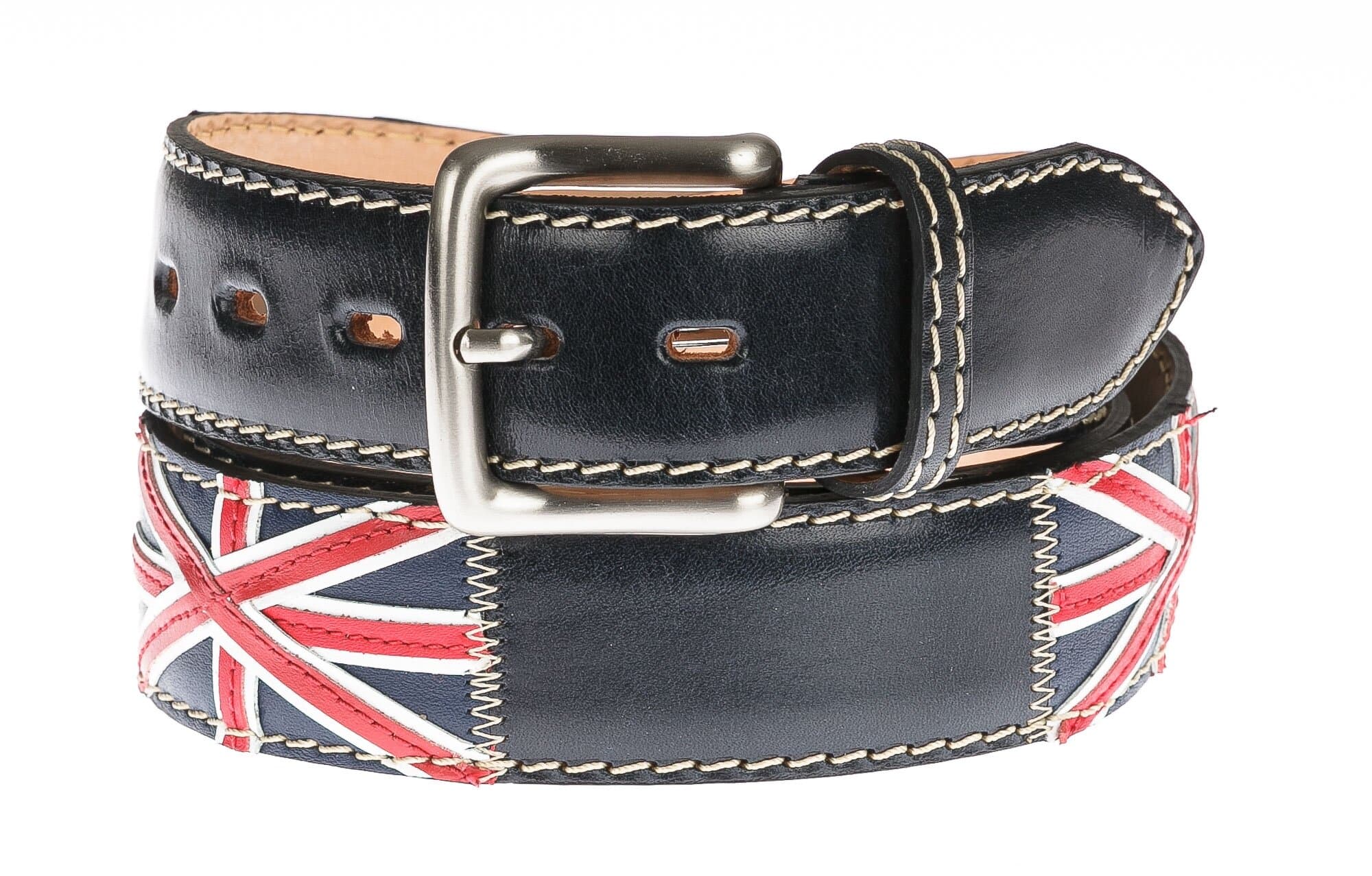 Cintura uomo in vera pelle COIRA, colore base NERO, con bandiere UK cucite a mano in pelle, SANTINI, Made in Italy