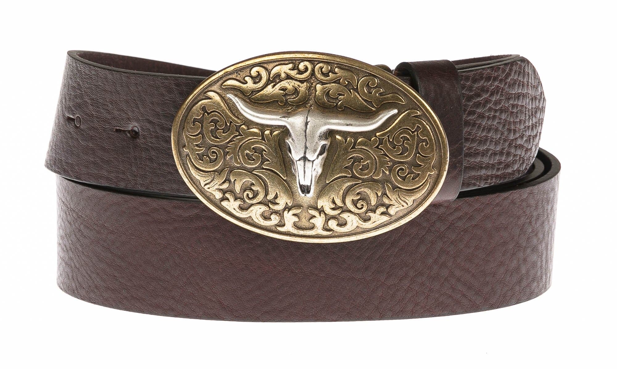 TEXAS: cintura uomo in cuoio, fibbia artigianale con testa di toro, colore: MARRONE, versione in oro, Made in Italy