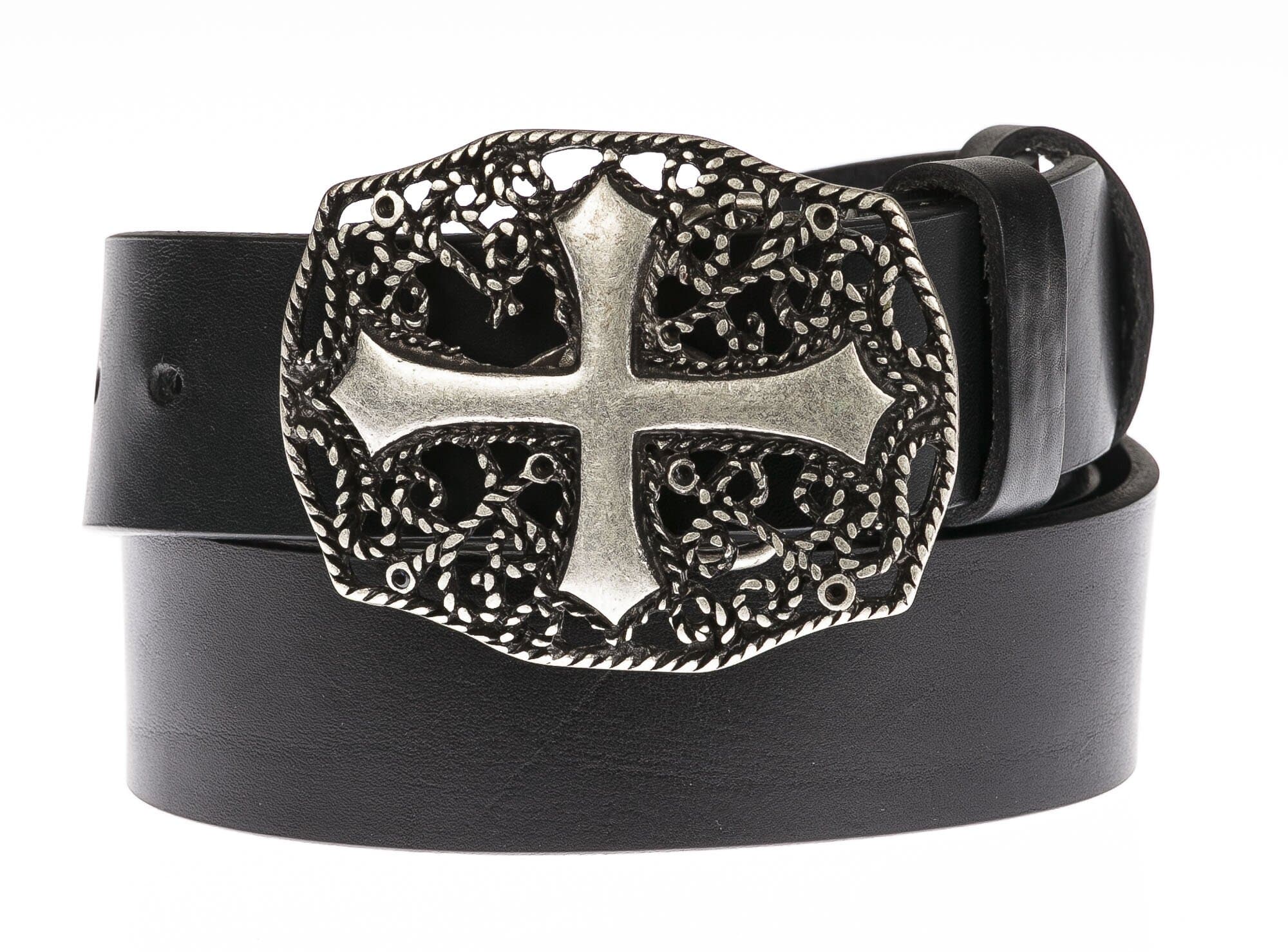 Cintura uomo in vera pelle CHIAROSCURO mod. GENOVA colore NERO, fibbia speciale con croce, Made in Italy