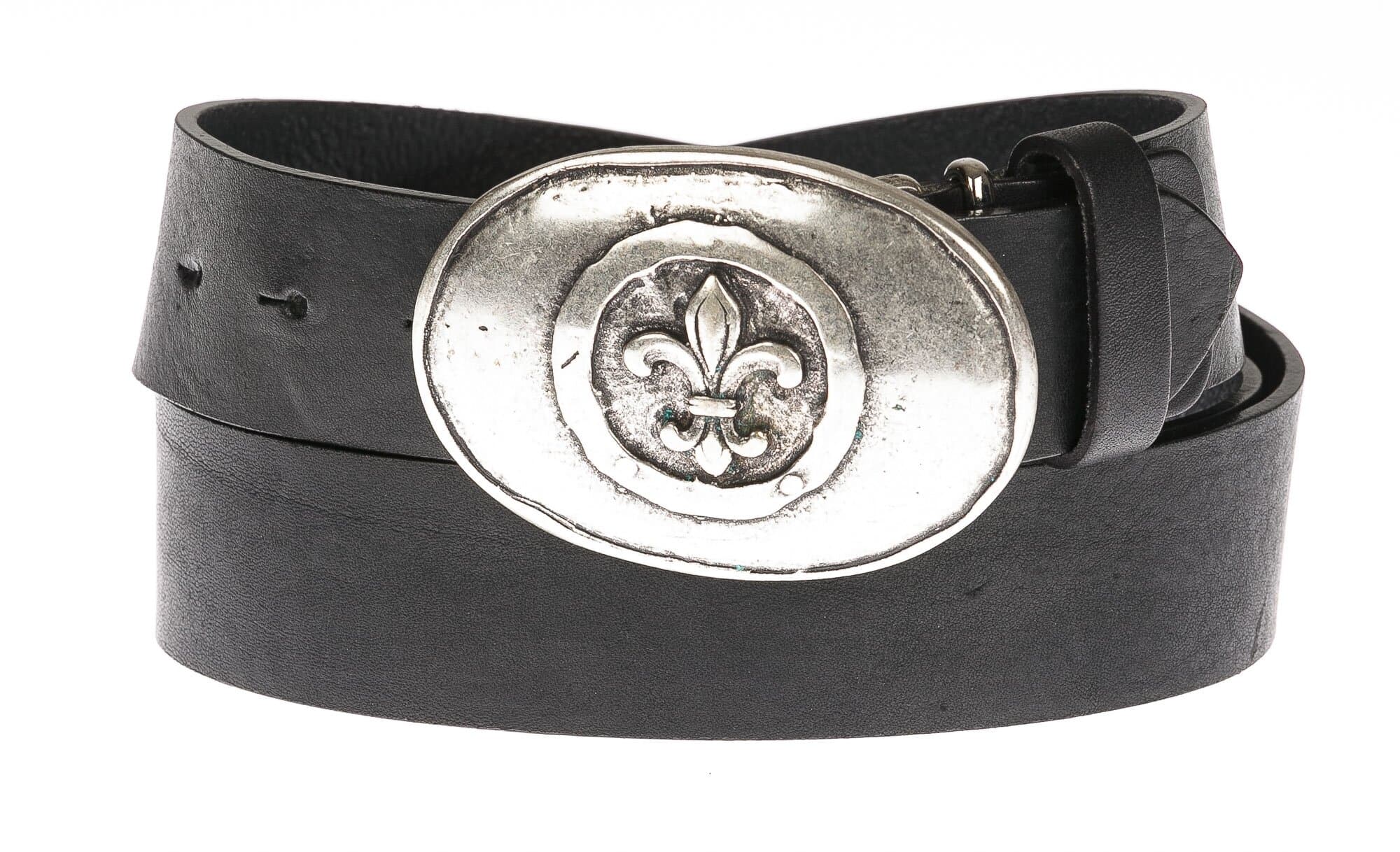 Cintura uomo in vera pelle CHIAROSCURO mod. GENOVA colore NERO, fibbia speciale ovale con giglio, Made in Italy