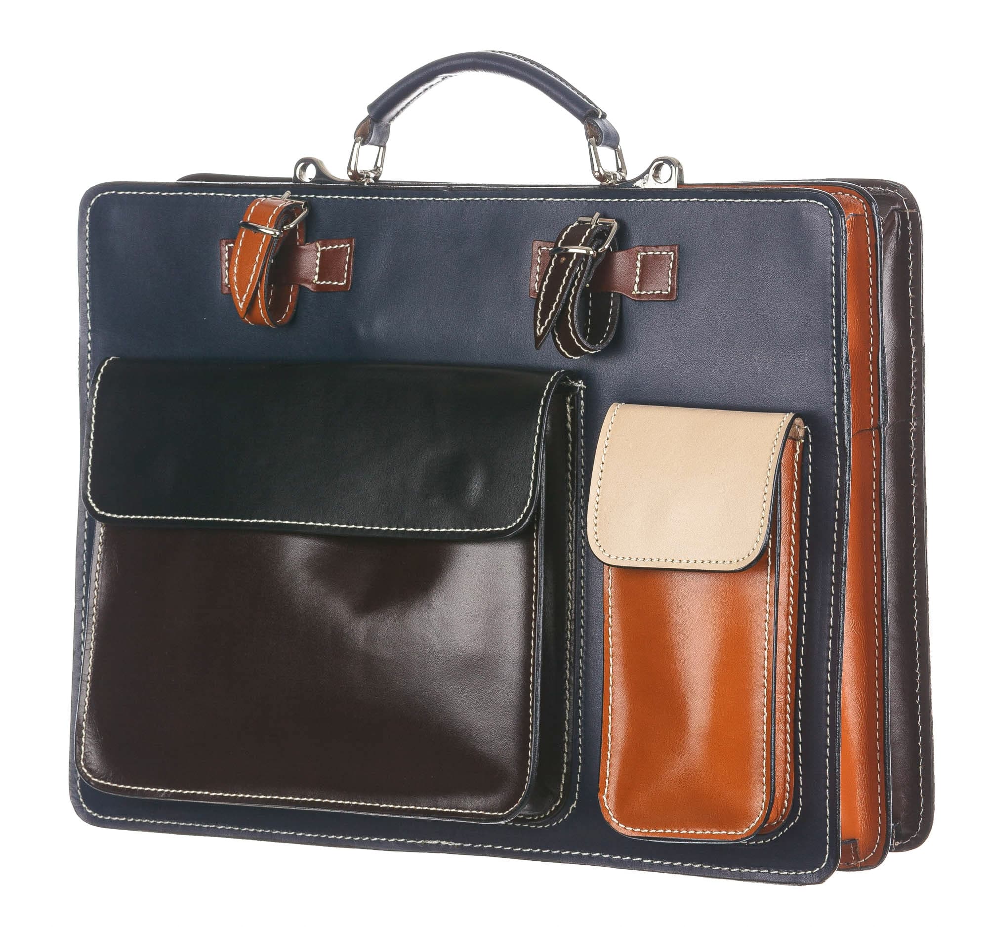 ELVI XXL base Blu: Cartella ufficio/lavoro in vera pelle CHIAROSCURO, Made in Italy adatta a computer Pc portatile 15 pollici, brochure grandi, cartelle