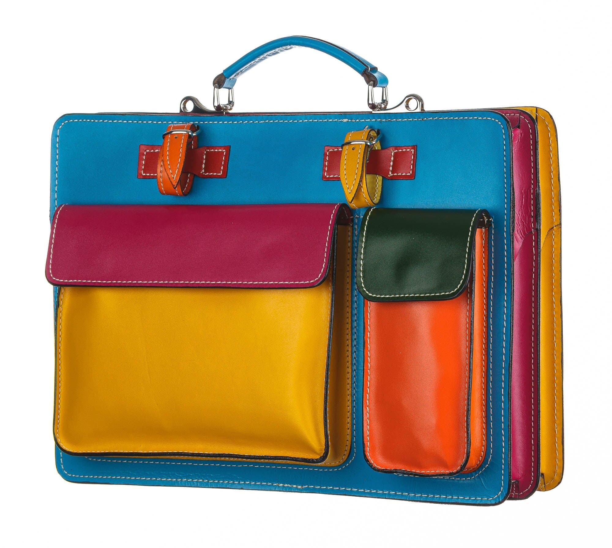 ELVI Maxi Summer: Office / work briefcase in genuine leather, MULTICOLOR light blue base, with shoulder strap, CHIAROSCURO, Made in Italy suitable for 13/14 inch laptop PC, large brochures, folders and A4 sheets