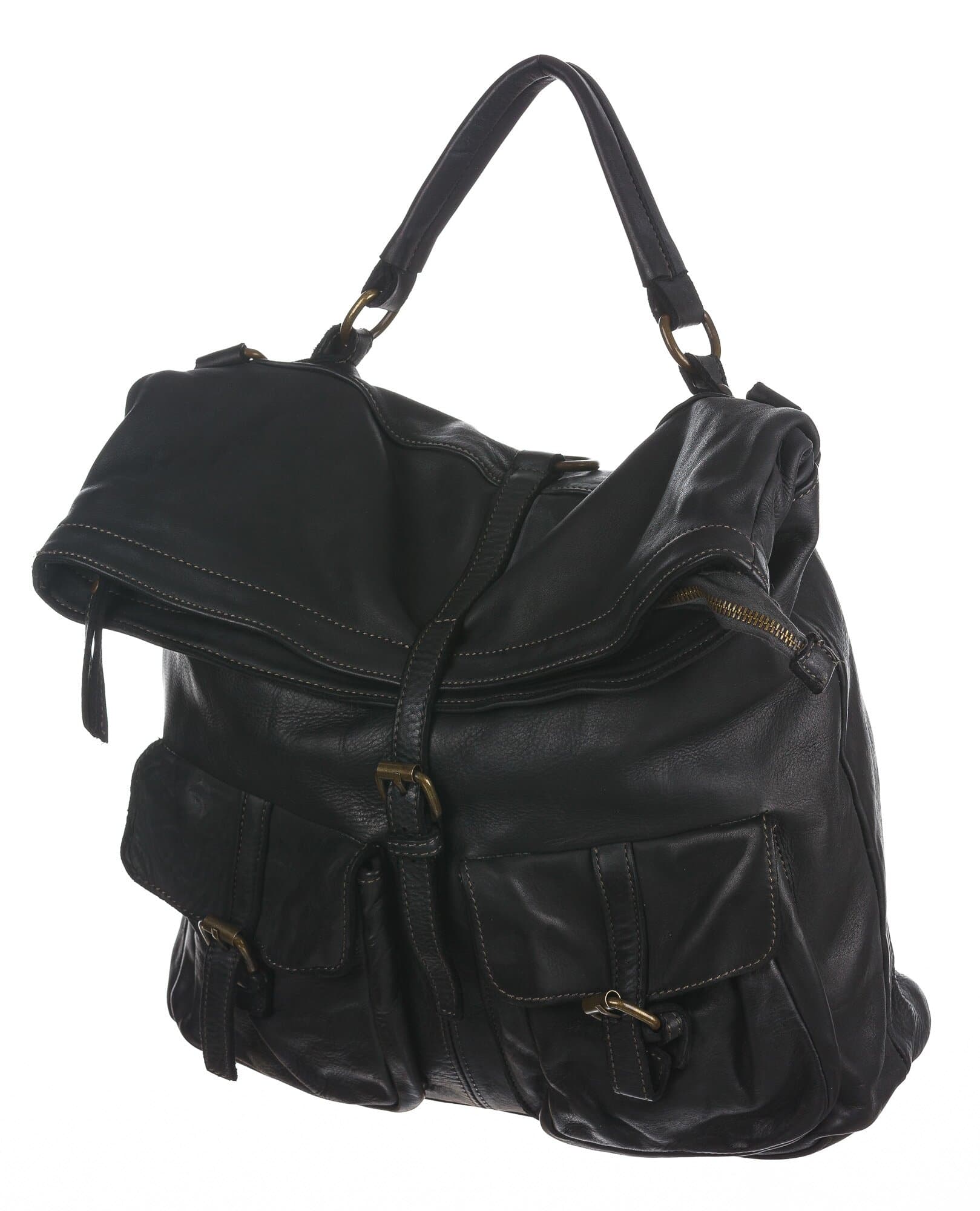Genuine aged vintage leather backpack for woman MONTE MILETTO, BLACK, CHIAROSCURO, MADE IN ITALY