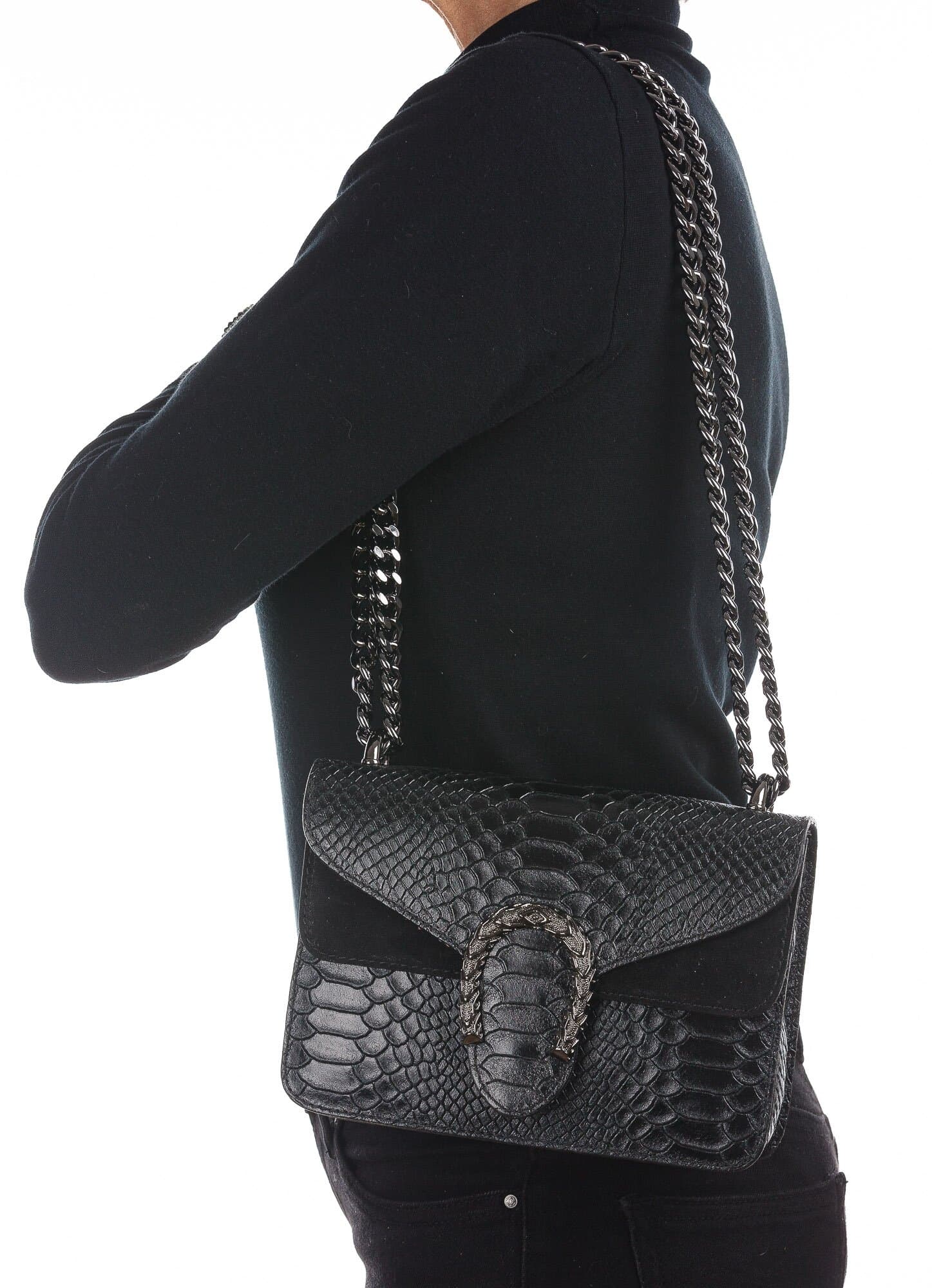 Borsa a spalla / tracolla da donna in vera pelle VIKTORIA, colore NERO, CHIAROSCURO, Made in Italy
