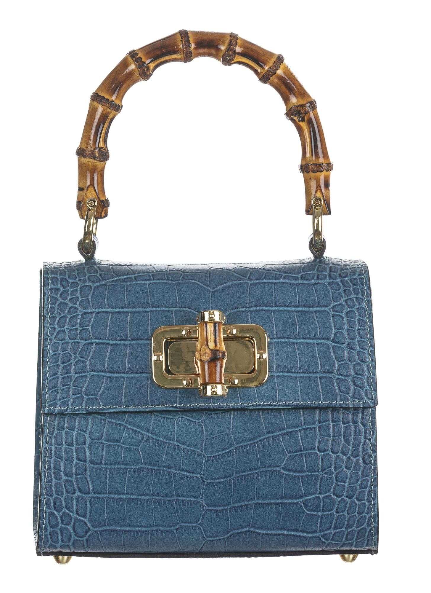 Borsa a mano / tracolla da donna in vera pelle con stampa coccodrillo GENNY SMALL, colore CELESTE, CHIAROSCURO, Made in Italy