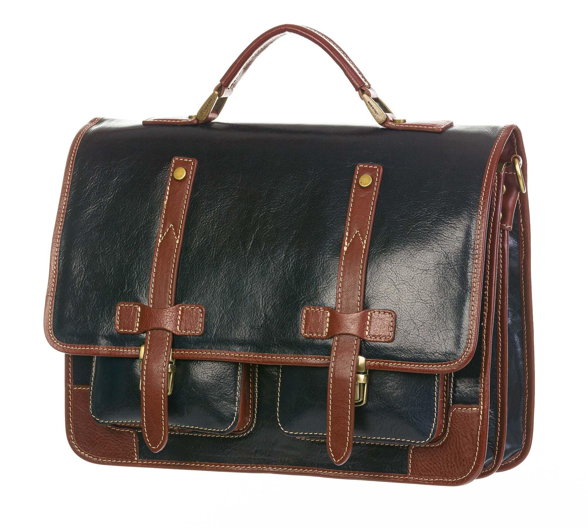 ERNESTO: cartella /borsa, zaino ufficio unisex, in cuoio, colore: BLU / MARRONE, Made in Italy