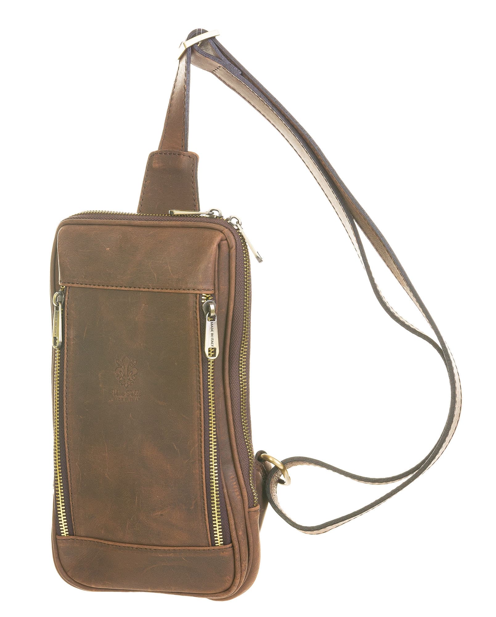Tracolla uomo in vera pelle PAOLO, colore NABUK MARRONE, CHIAROSCURO, Made in Italy