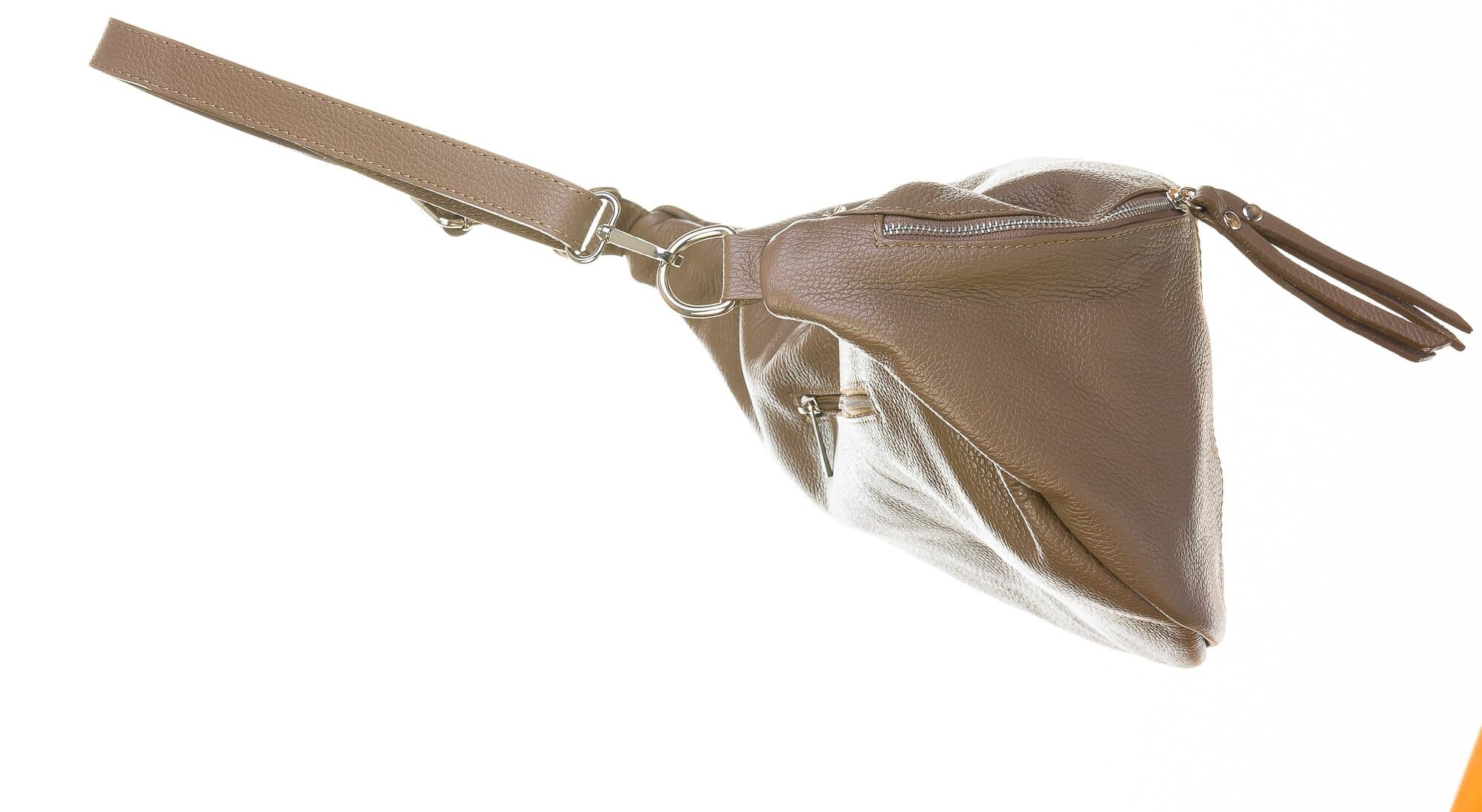 Borsa a marsupio da donna in vera pelle, MOIRA BIG, colore taupe, CHIAROSCURO, Made in Italy