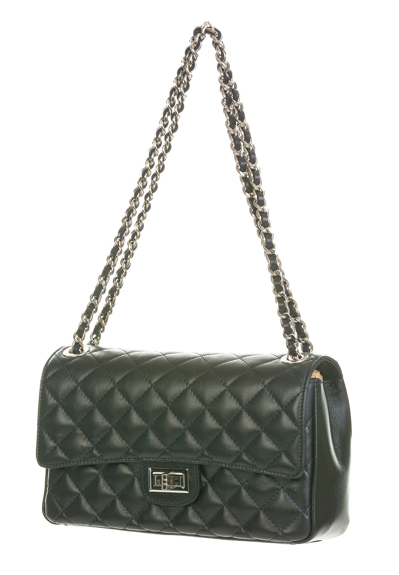 Genuine leather shoulder bag CHARLOTTE MEDIUM, BLACK colour with SILVER chain, CHIAROSCURO, MADE IN ITALY