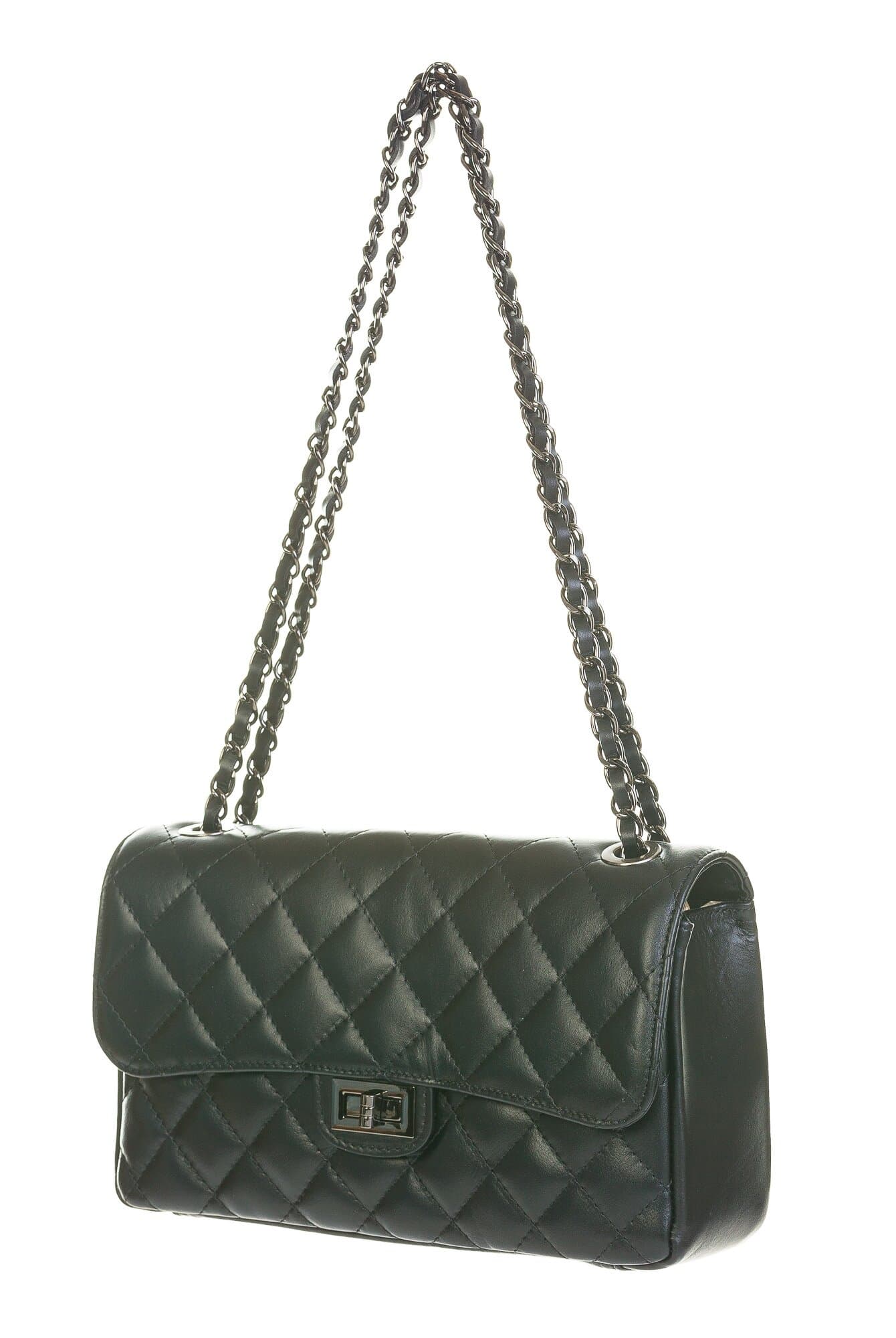 Borsa a spalla da donna in vera pelle CHARLOTTE MEDIUM, colore NERO con catene CANNA DI FUCILE, CHIAROSCURO, Made in Italy