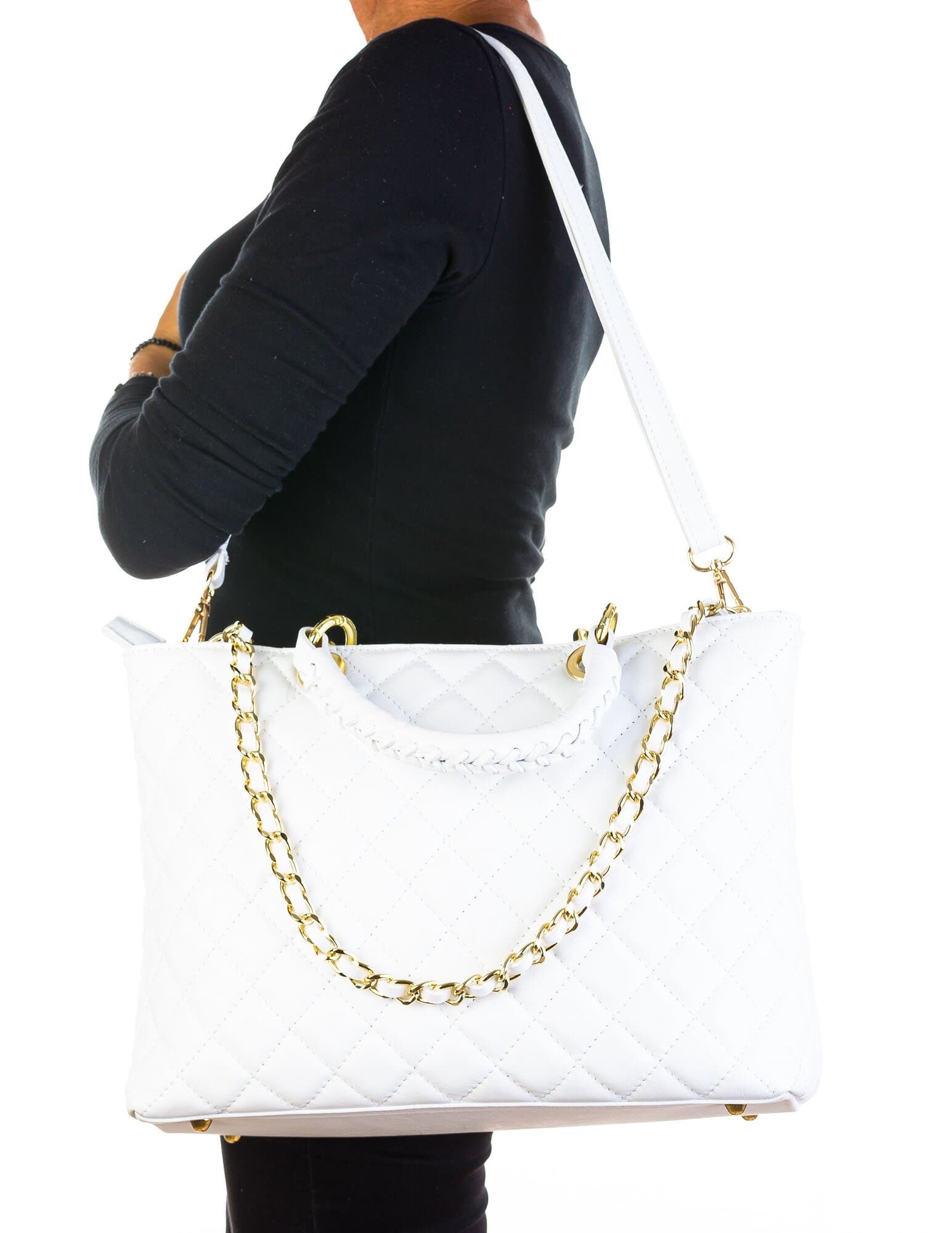 Genuine leather bag CAMILLA MAXI, WHITE colour, CHIAROSCURO, MADE IN ITALY