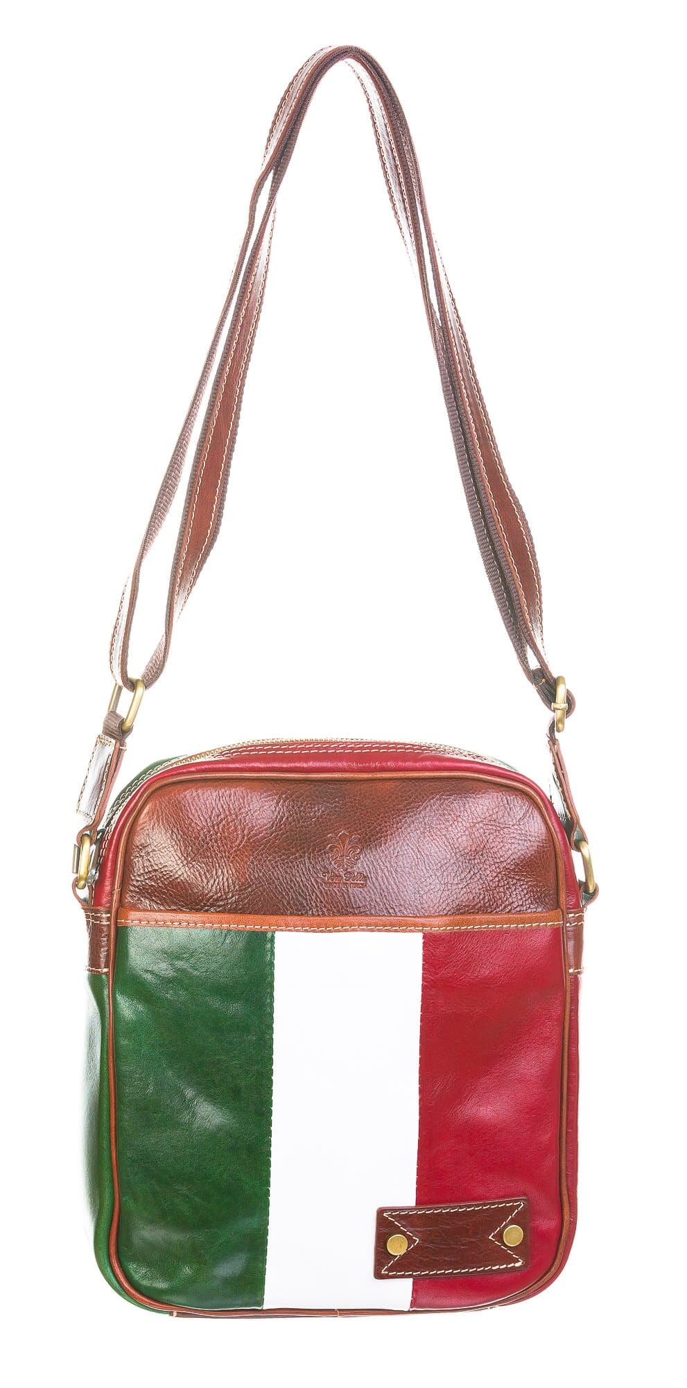 Tracolla uomo in vera pelle OLIVIERO, TRICOLORE BANDIERA ITALIANA, colore VERDE/BIANCO/ROSSO, CHIAROSCURO, Made in Italy