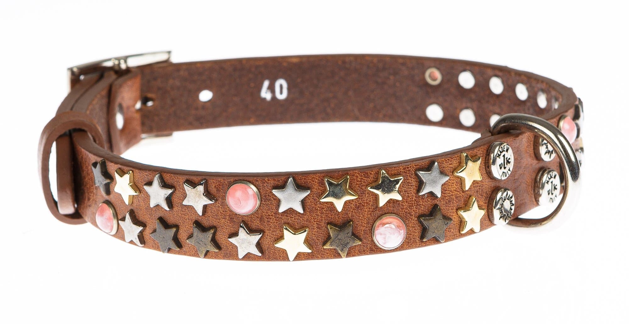 Collare per cani DEBBY in vera pelle, colore MARRONE, con borchie, CHIAROSCURO, Made in Italy