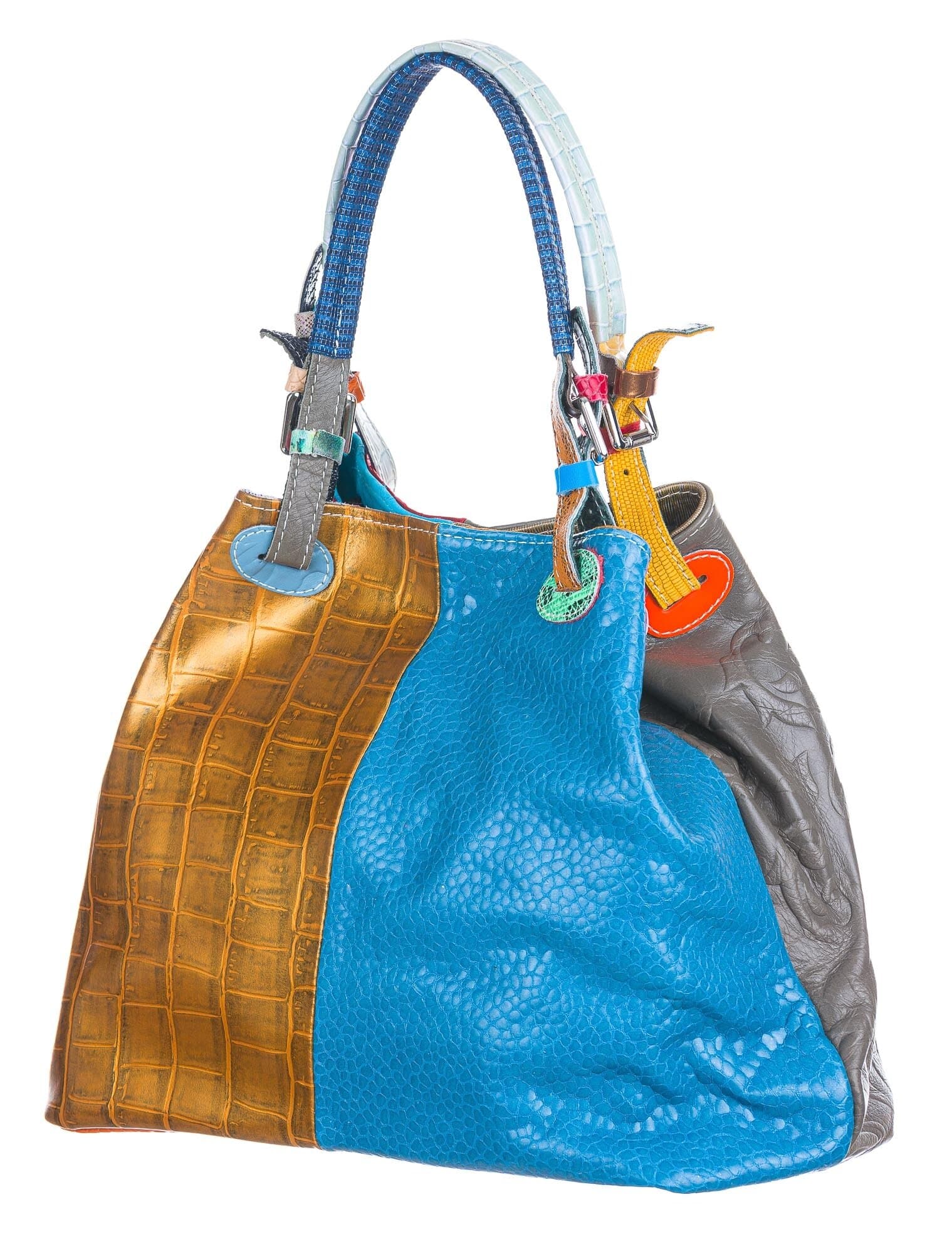 Borsa donna in vera pelle ILENIA, colore GIALLO / AZZURRO / TAUPE / ROSSO, CHIAROSCURO, Made in Italy