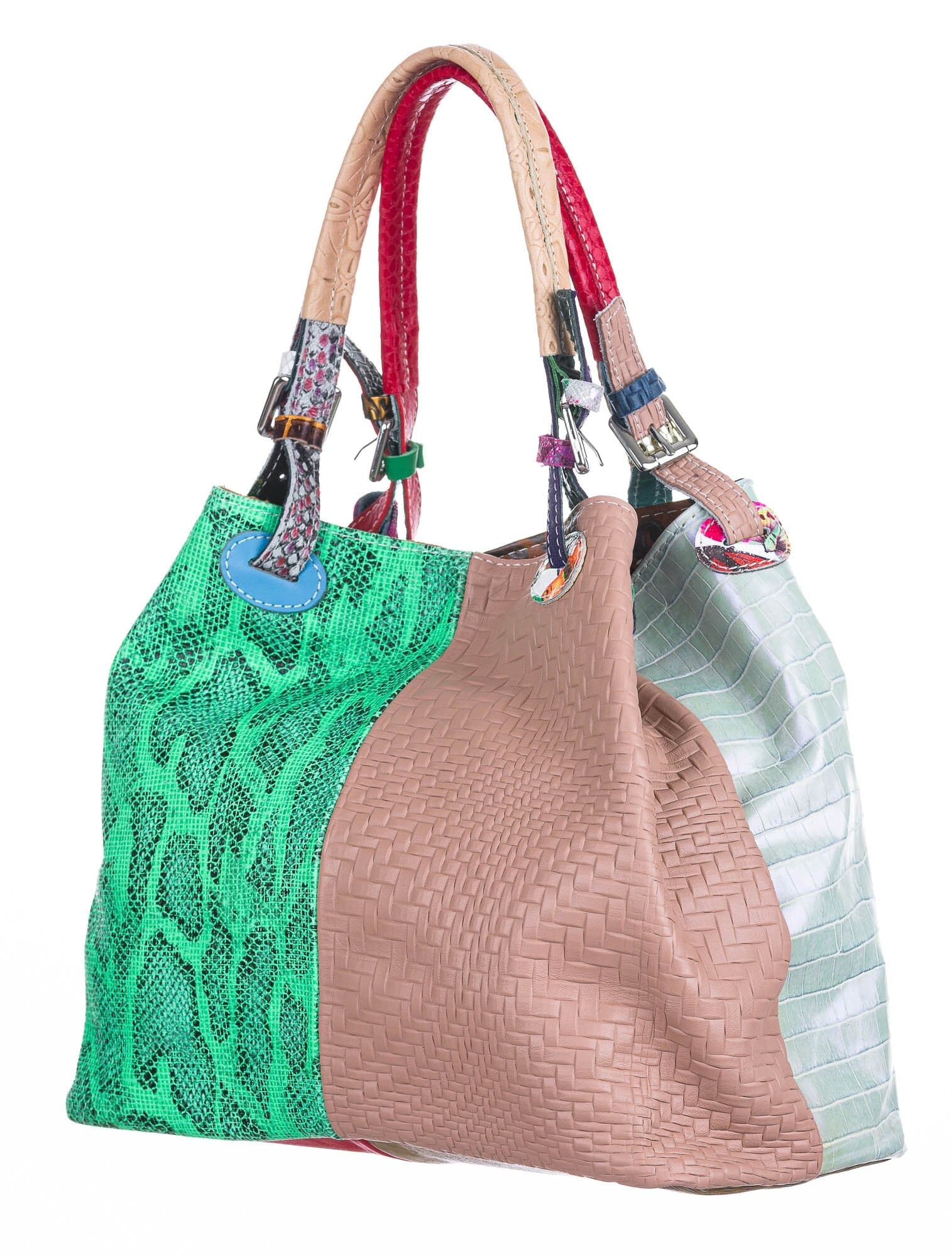 Borsa donna in vera pelle ILENIA, colore VERDE / ROSA / BIANCO / VIOLA, CHIAROSCURO, Made in Italy