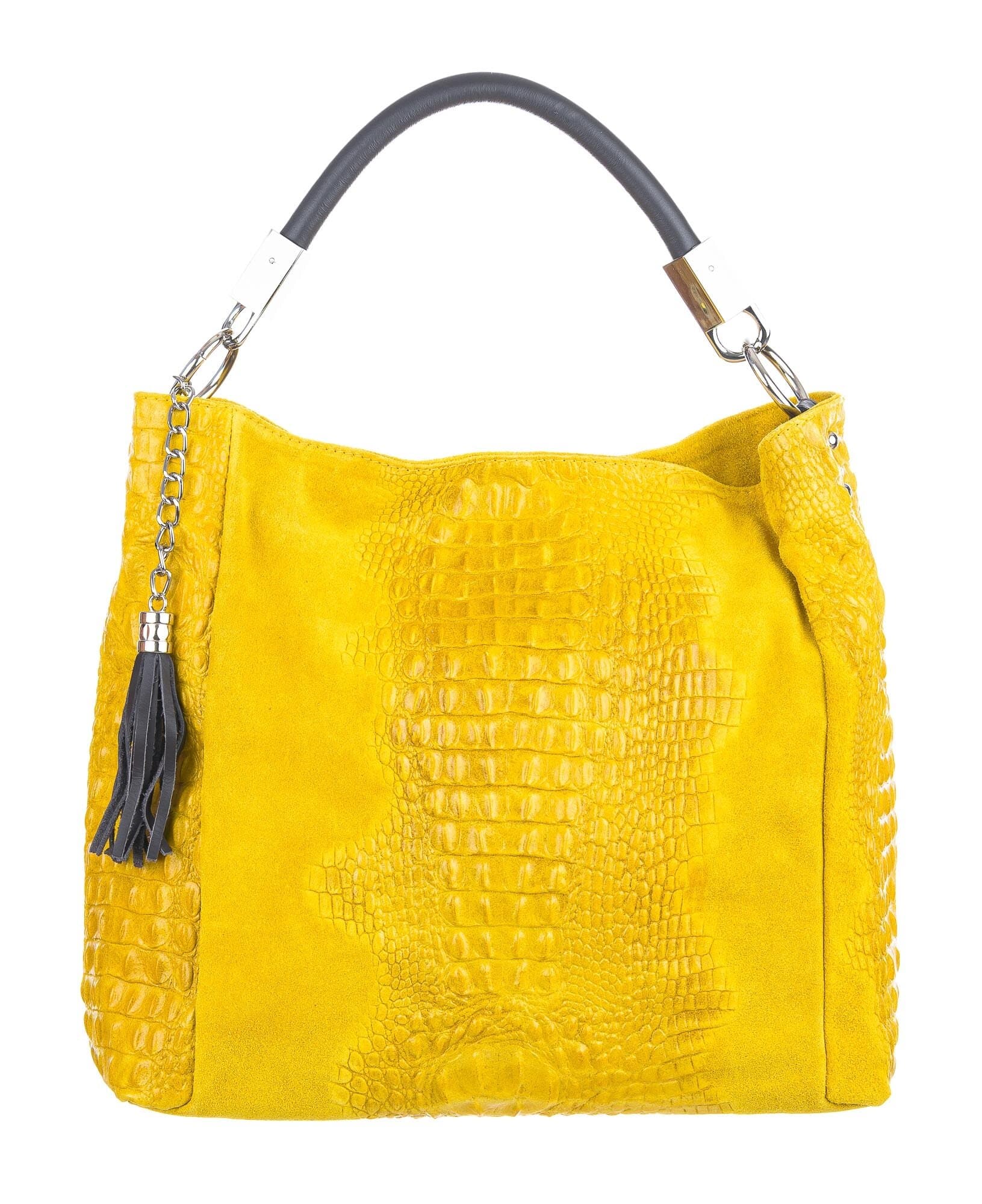 Borsa donna in vera pelle scamosciata mod. DORIS, colore GIALLO, CHIAROSCURO, Made in Italy