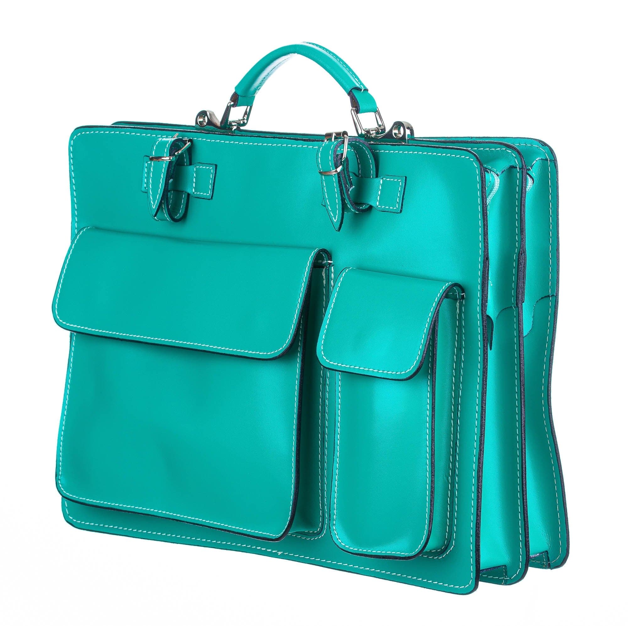 Cartella ufficio / lavoro in vera pelle CHIAROSCURO mod. ALEX maxi, colore VERDE ACQUA, con tracolla, Made in Italy adatta a computer Pc portatile 13/14 pollici, brochure grandi, cartelle e fogli formato A4