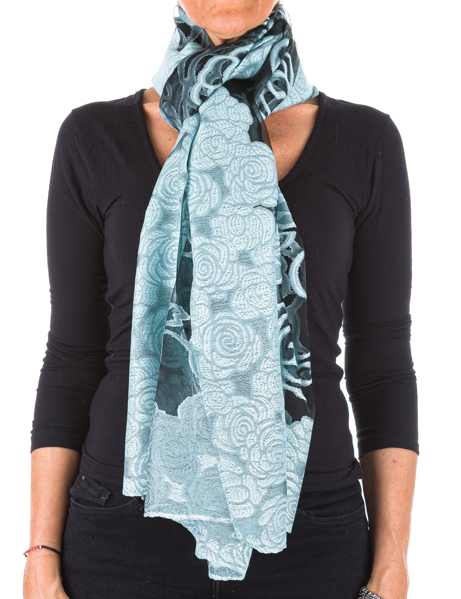 Foulard da donna SAMBUCO, design a fiori, colore AZZURRO, EMPORIUM ITALY