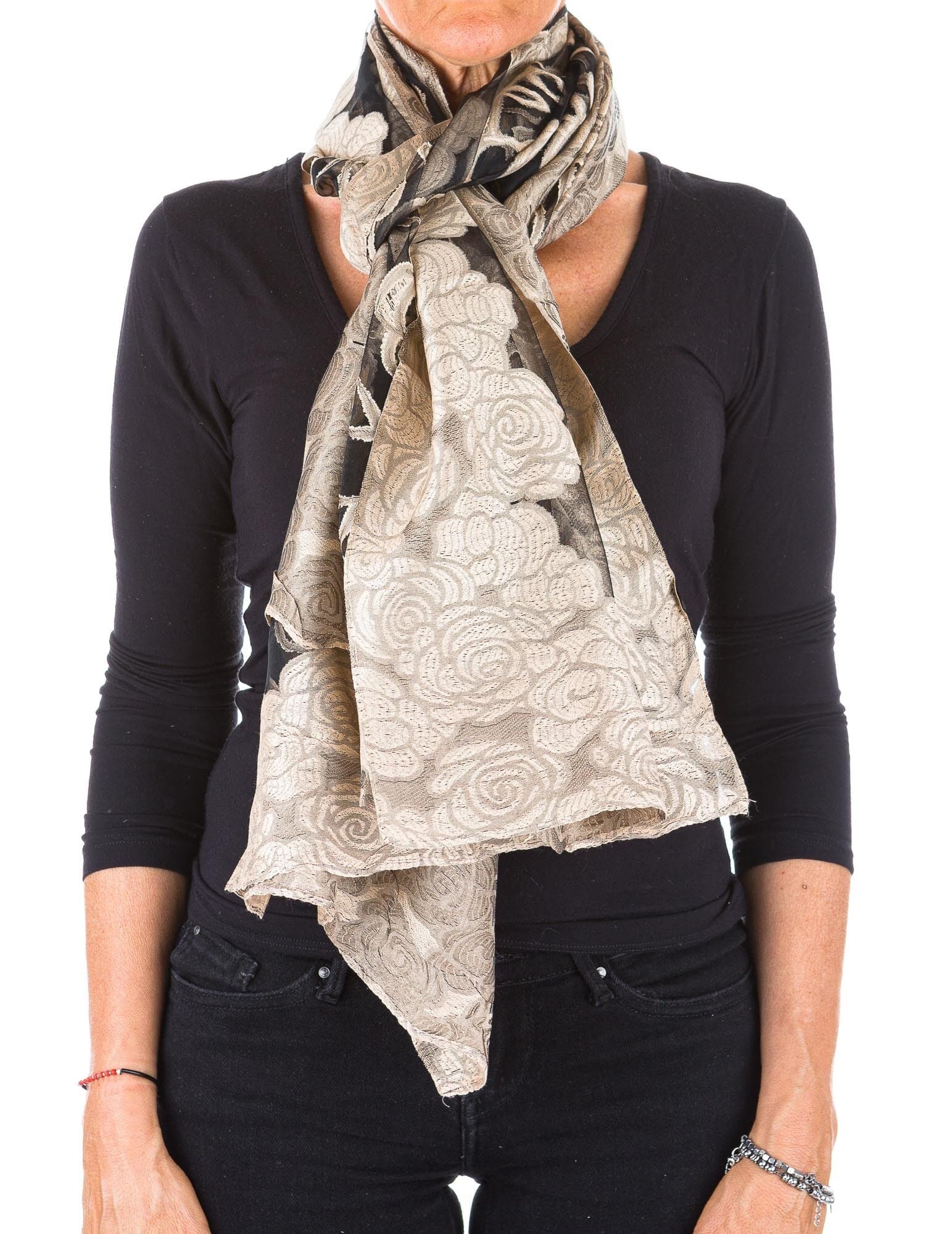 Foulard da donna SAMBUCO, design a fiori, colore BEIGE, EMPORIUM ITALY