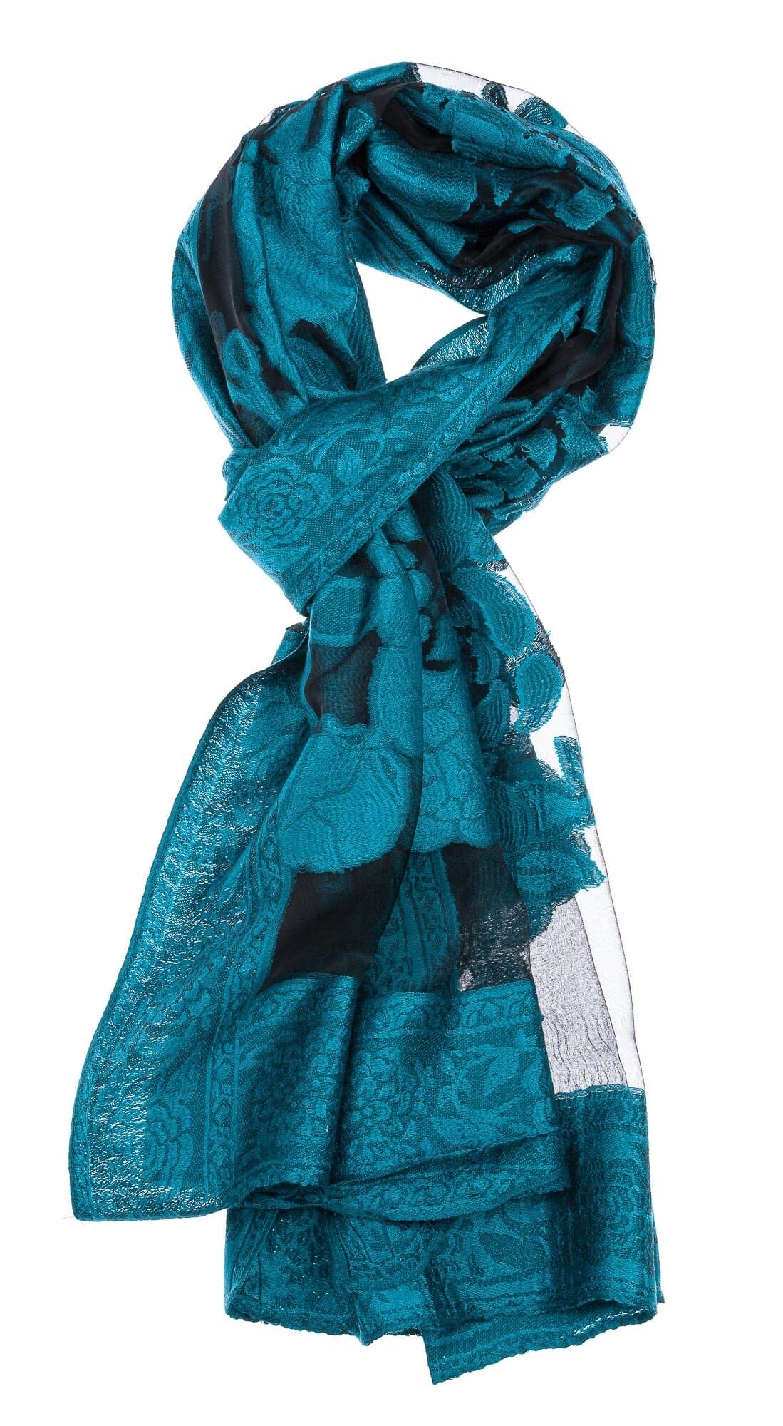 Foulard da donna CILIEGIO, design a fiori, colore TURCHESE, EMPORIUM ITALY
