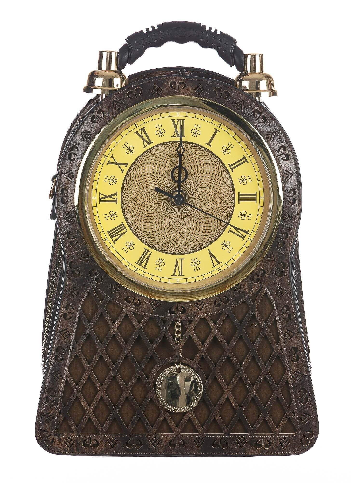 Borsa zaino Big Ben con orologio funzionante con tracolla, in stile steampunk, colore marrone, ARIANNA DINI