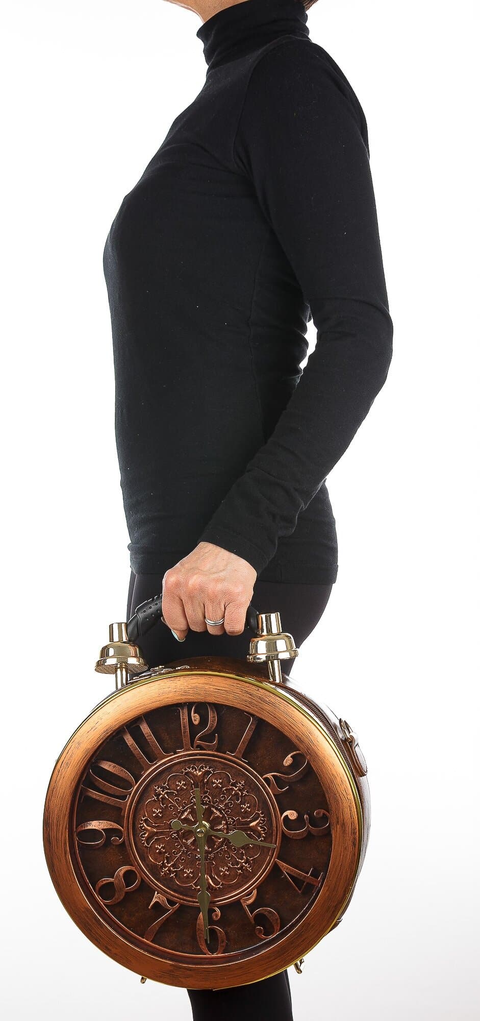 Borsa Ben Big Numbers con orologio funzionante con tracolla, Cosplay Steampunk, ecopelle, colore marrone, ARIANNA DINI DESIGN