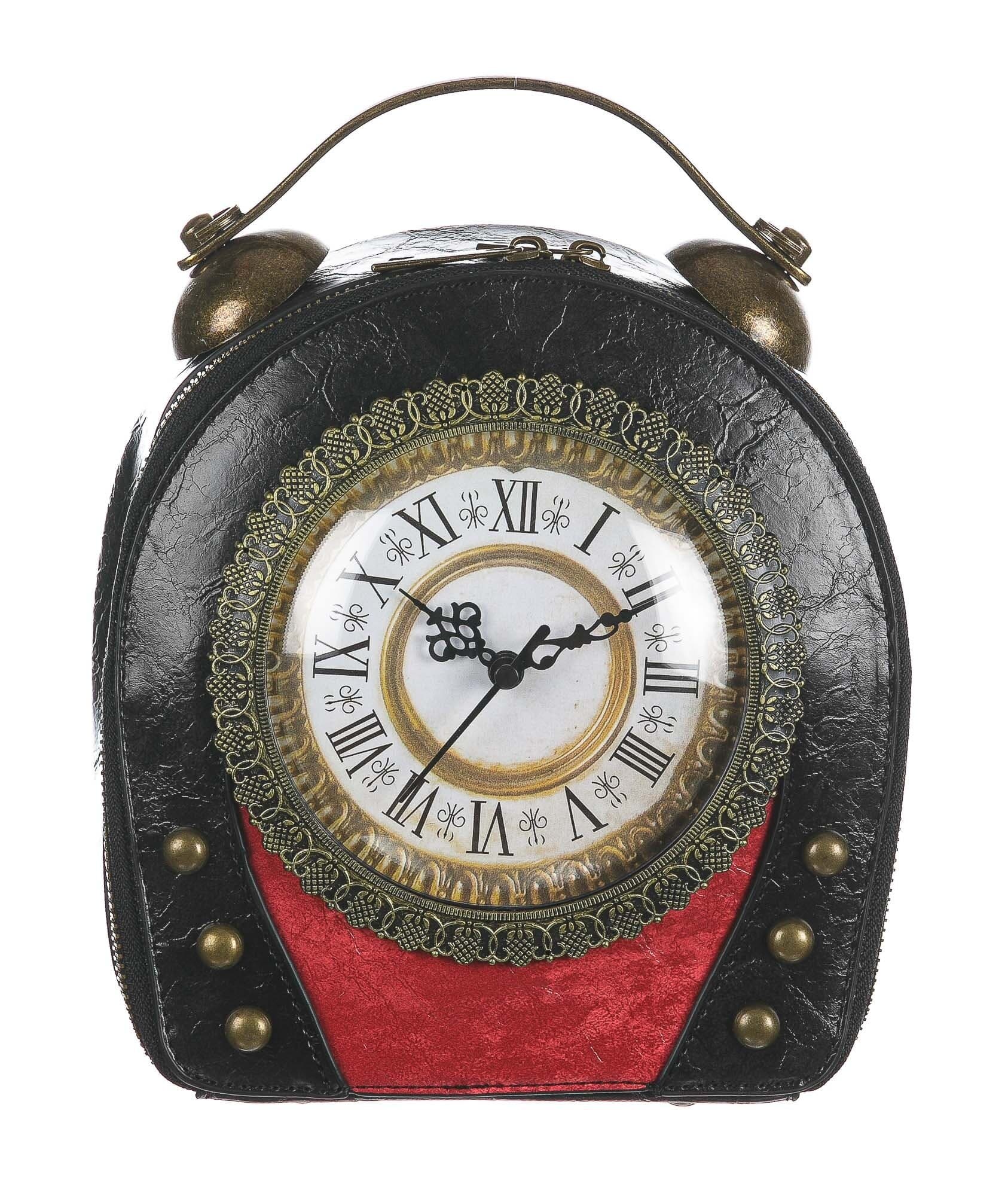 Borsa Retro Ben con orologio funzionante con tracolla, in Stile Steampunk, ecopelle, colore nero/rosso, ARIANNA DINI DESIGN