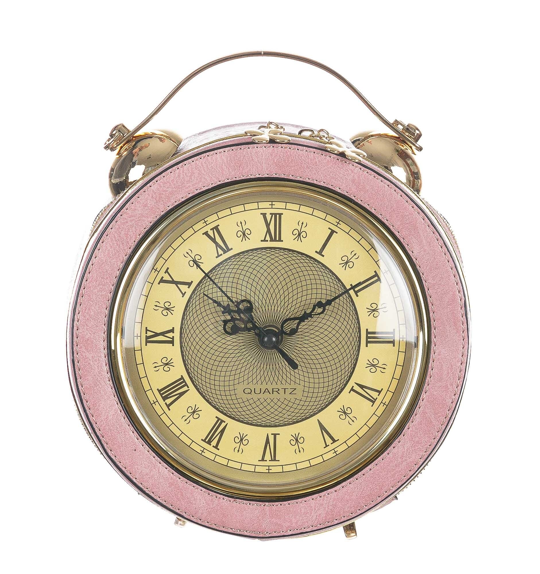Borsa Mini Clock con orologio funzionante con tracolla, Cosplay Steampunk, ecopelle, colore rosa, ARIANNA DINI DESIGN