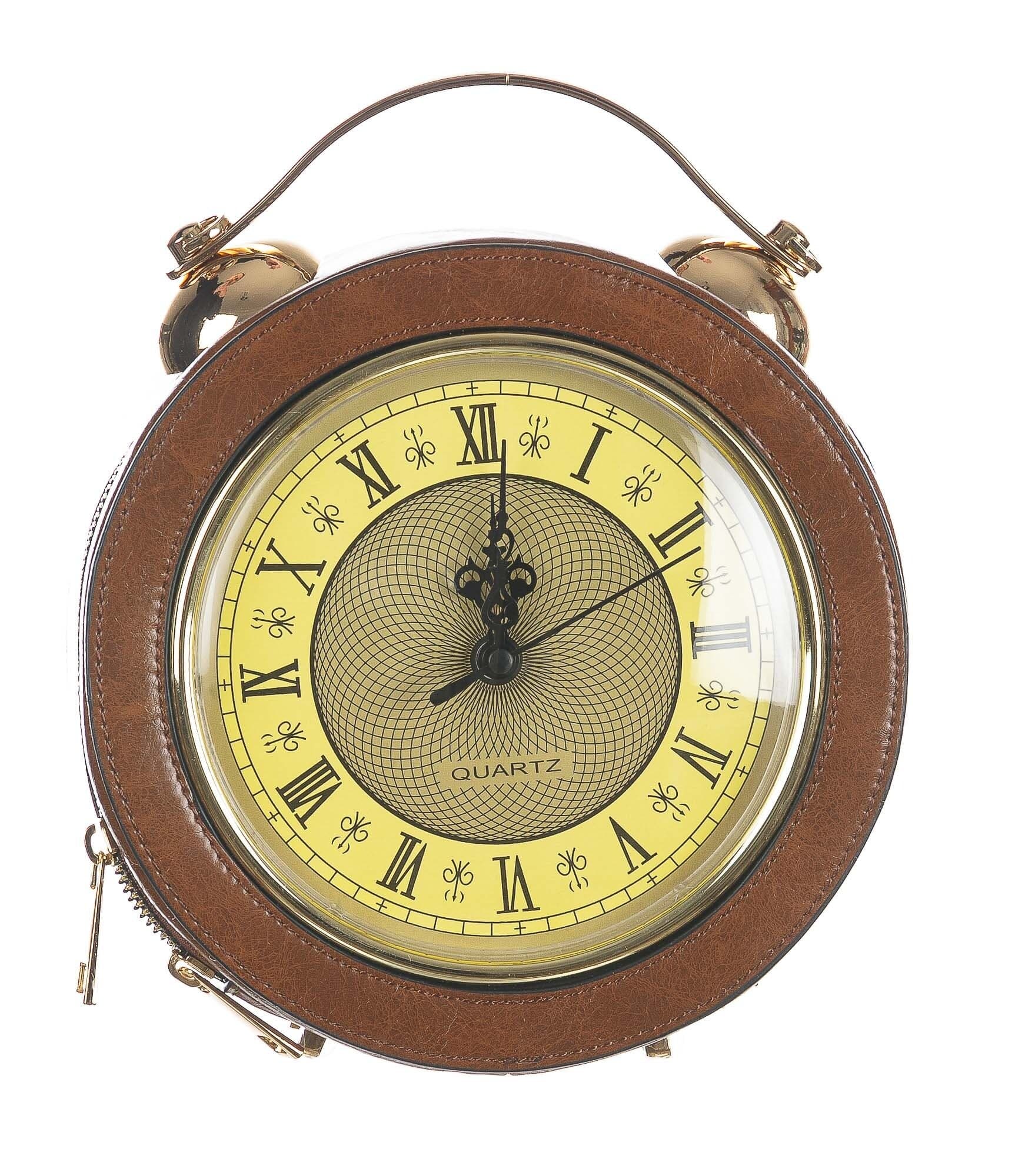 Borsa Mini Clock con orologio funzionante con tracolla, Cosplay Steampunk, ecopelle, colore marrone, ARIANNA DINI DESIGN