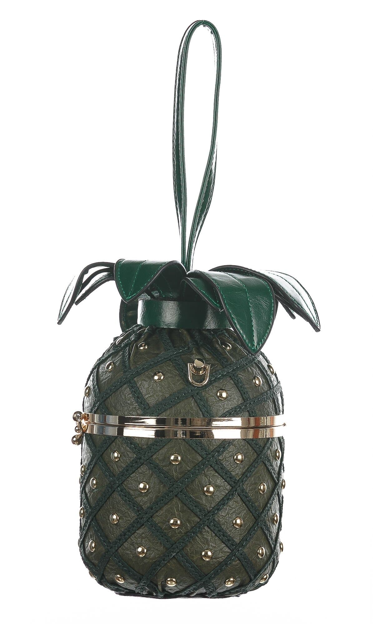 Borsa Ananas Demetra con tracolla, in Stile Steampunk, ecopelle, colore verde, ARIANNA DINI DESIGN