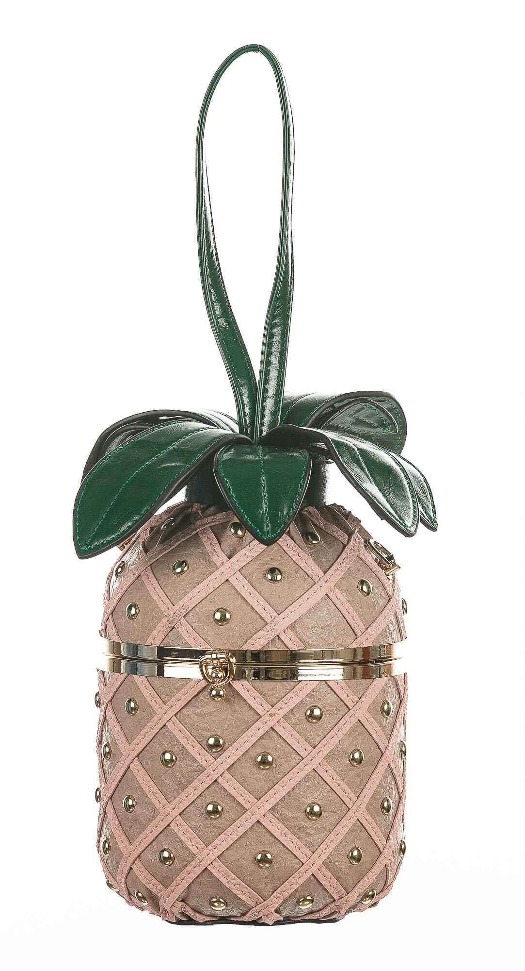 Borsa Ananas Demetra con tracolla, in Stile Steampunk, ecopelle, colore rosa, ARIANNA DINI DESIGN