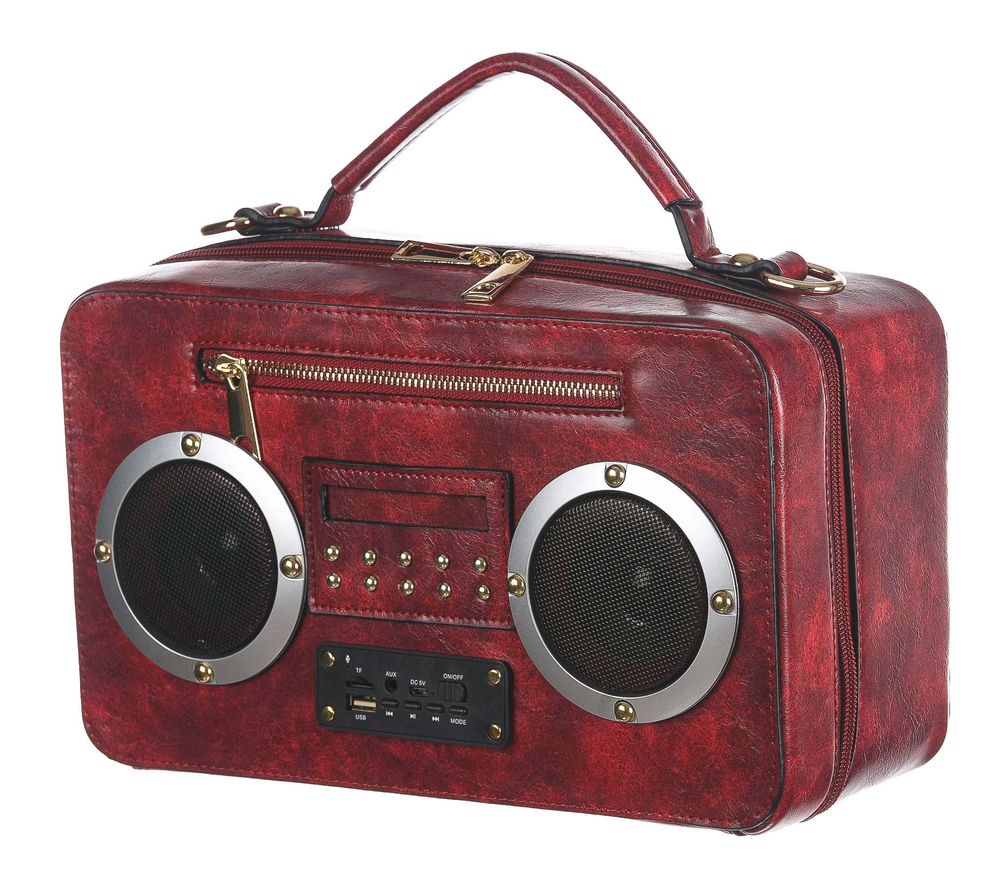 Borsa Radio Musical con casse funzionanti con tracolla, in Stile Steampunk, ecopelle, colore rosso, ARIANNA DINI DESIGN