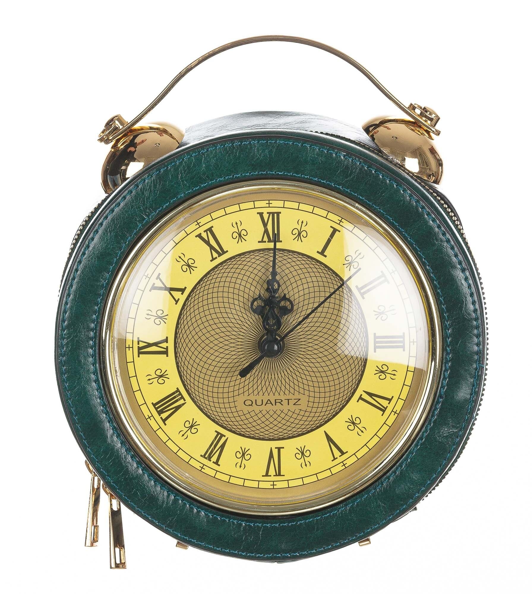 Borsa Mini Clock con orologio funzionante con tracolla, Cosplay Steampunk, ecopelle, colore verde, ARIANNA DINI DESIGN